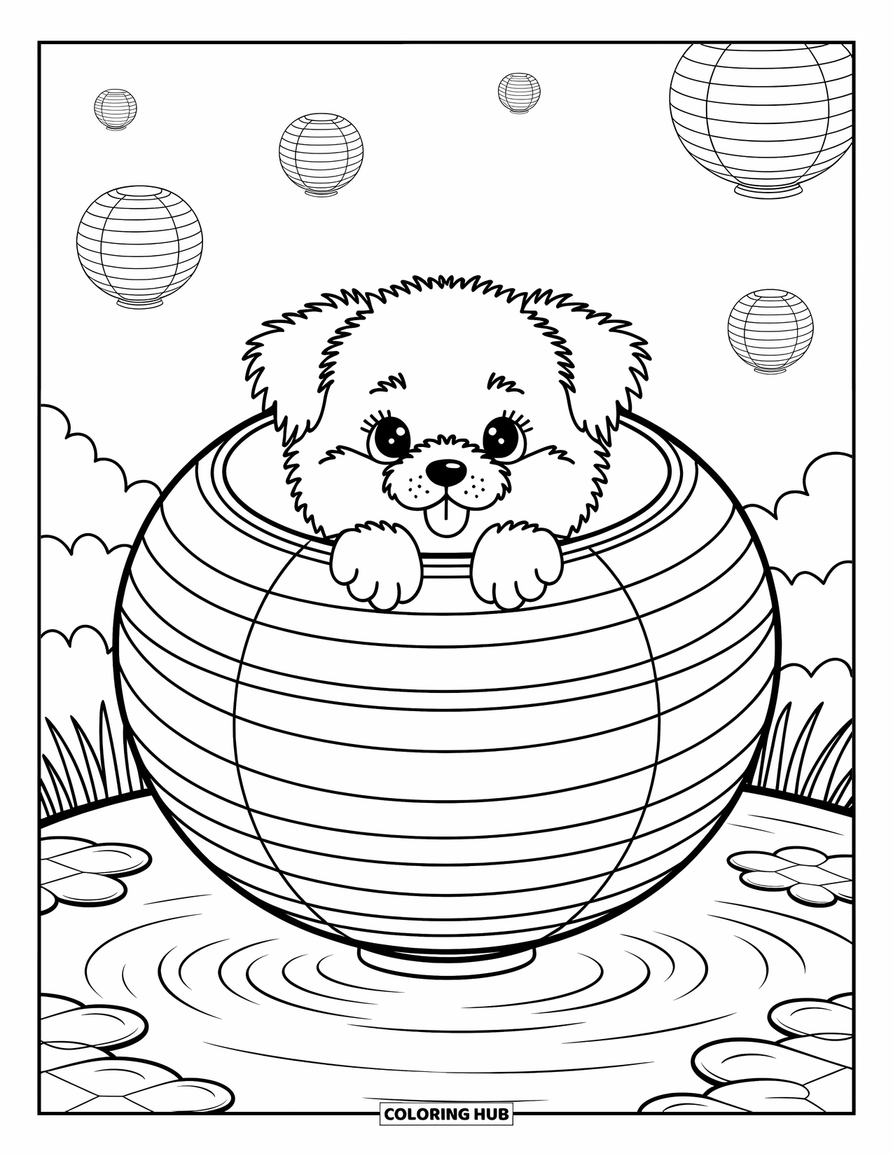 Dog Coloring Page for Adults: A fluffy Coton de Tulear puppy peers out of a paper lantern, its paws gripping the rim