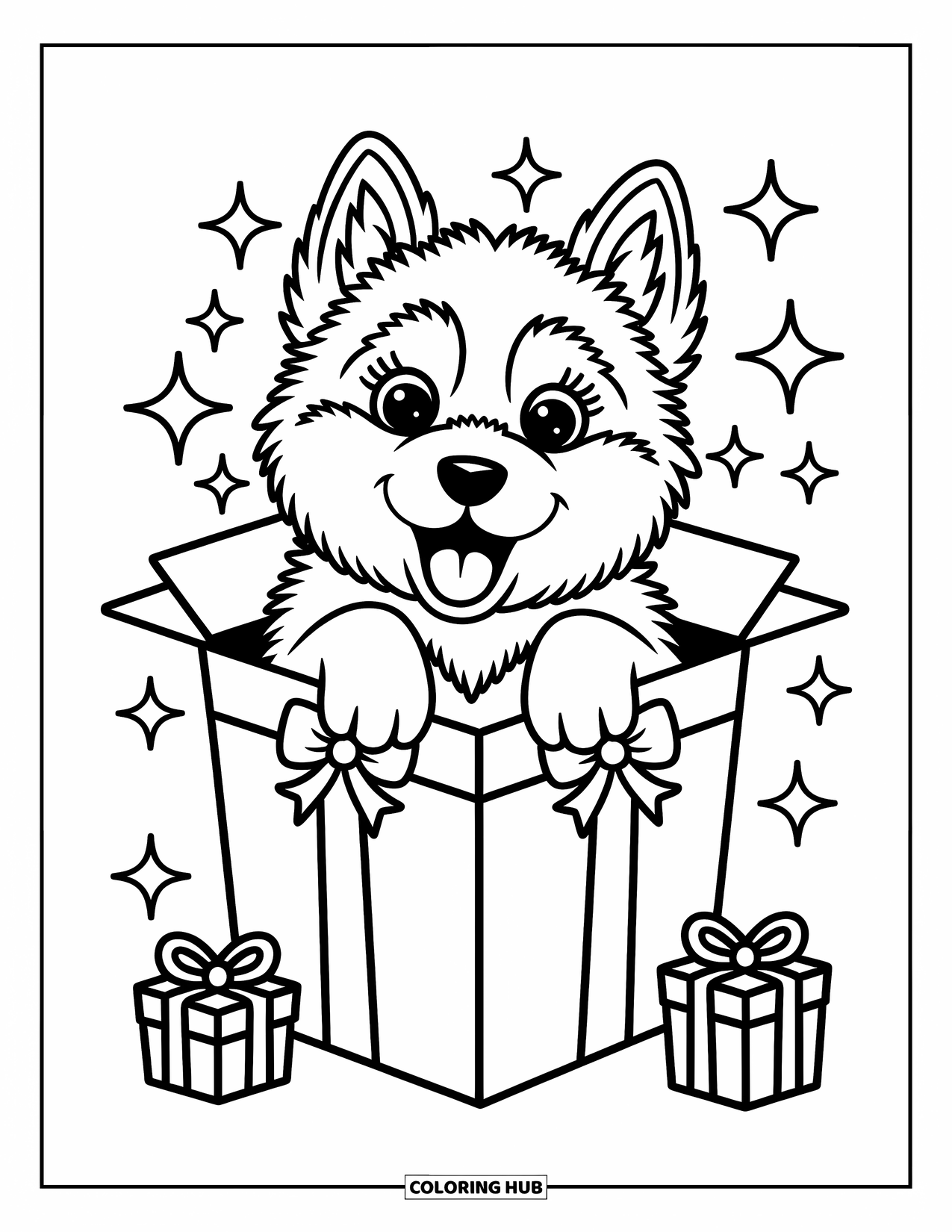 Dog Coloring Page for Adults: A fluffy Husky puppy excitedly peeks out from a decorated gift box, surrounded by tiny sparkles