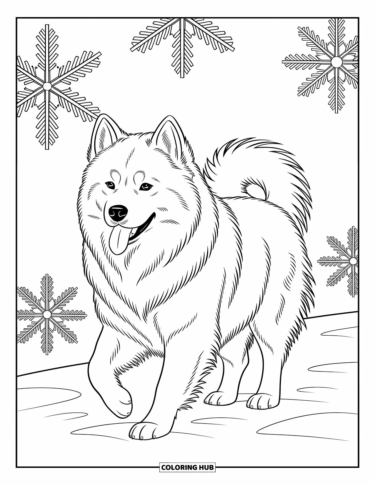 Dog Coloring Page for Adults: A fluffy Samoyed moves gracefully against a backdrop of intricate snowflake designs