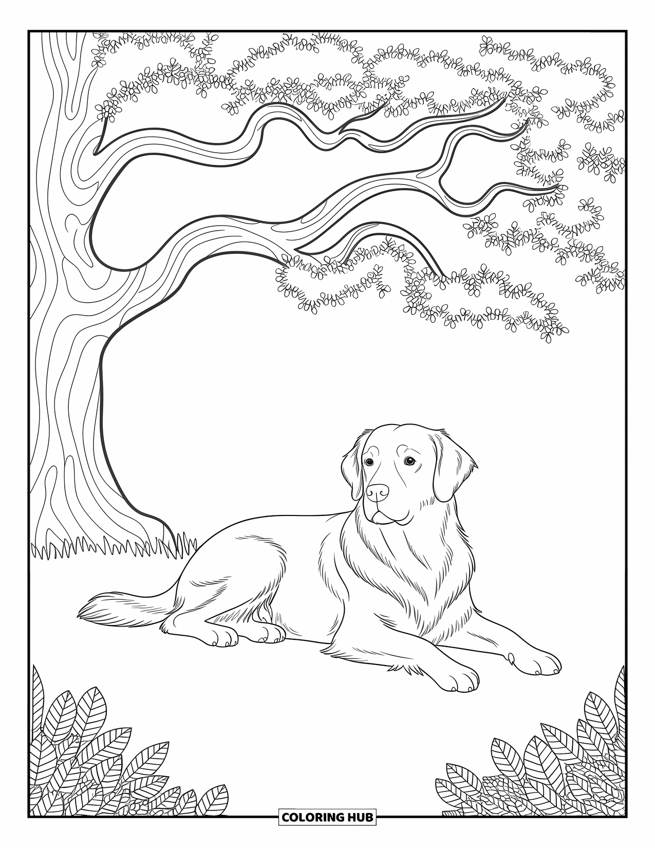 Dog Coloring Page for Adults: A Golden Retriever lounges under an oak tree, with detailed patterns filling the forest around it