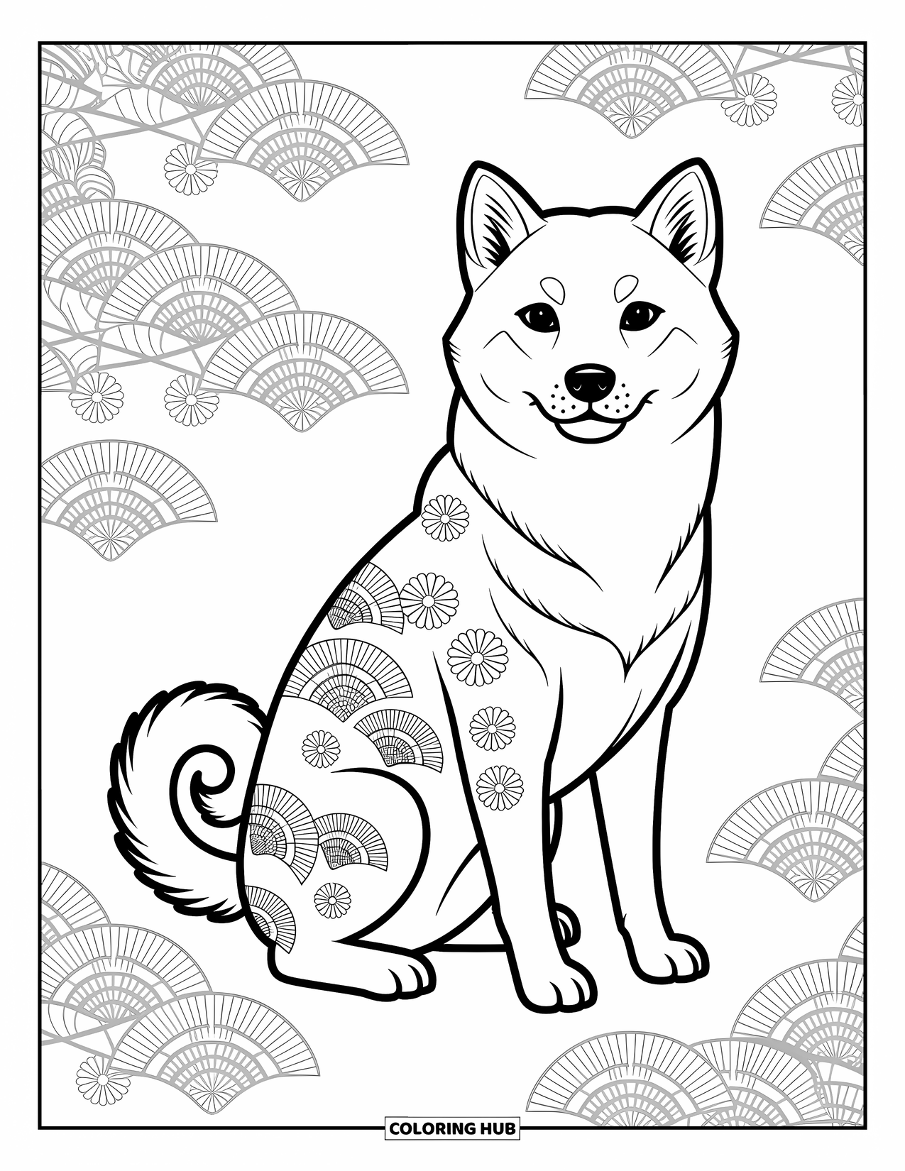 Dog Coloring Page for Adults: A graceful Shiba Inu sits with its tail curled, adorned with intricate floral and fan patterns