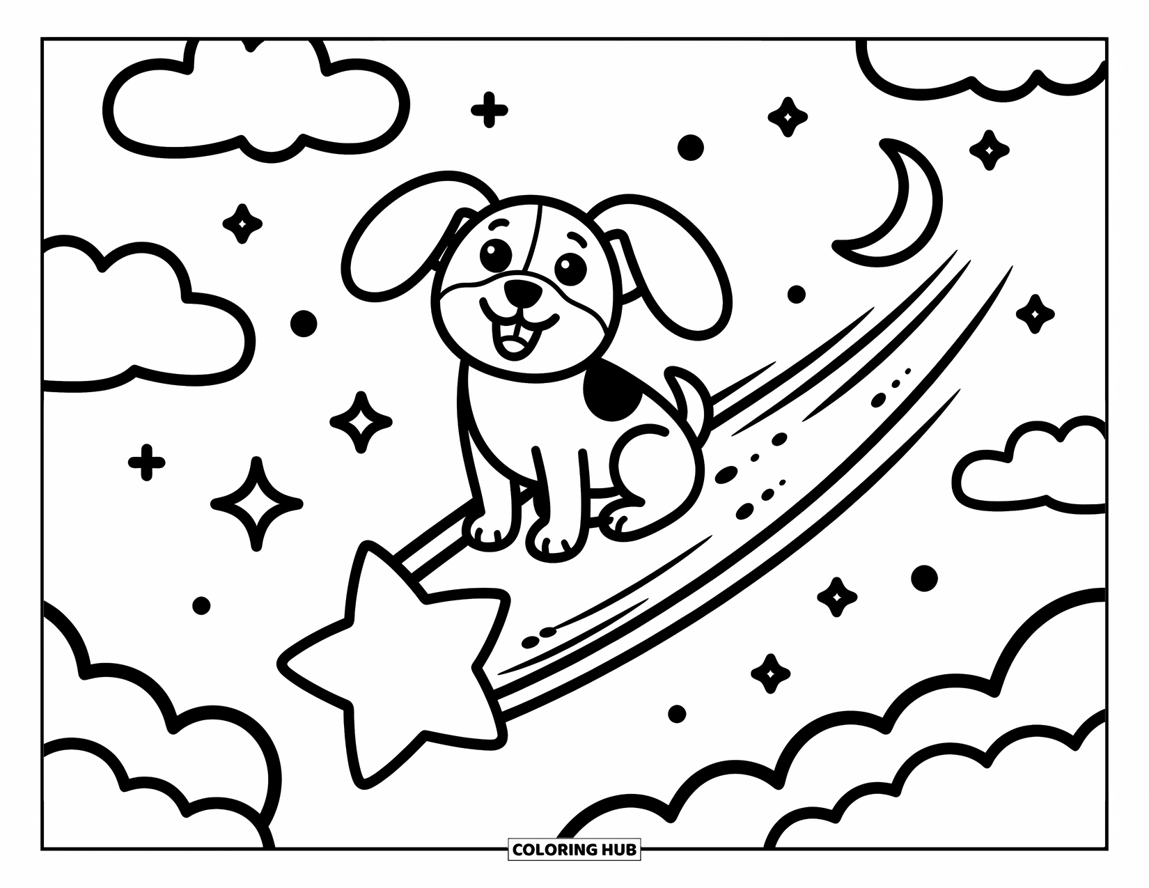 Dog Coloring Page for Adults: A happy Beagle zooms on a shooting star, ears flapping in the wind