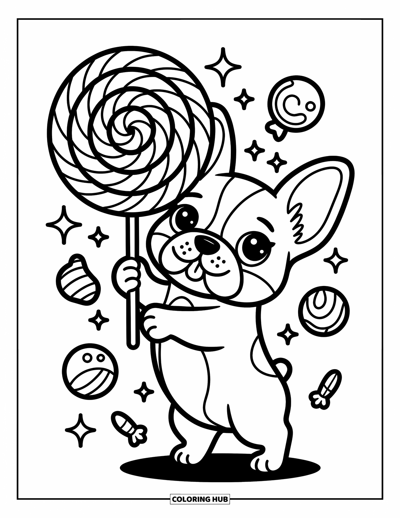 Dog Coloring Page for Adults: A happy Bichon Frise tumbles like a cloud, tiny swirl lines showing its rolling motion
