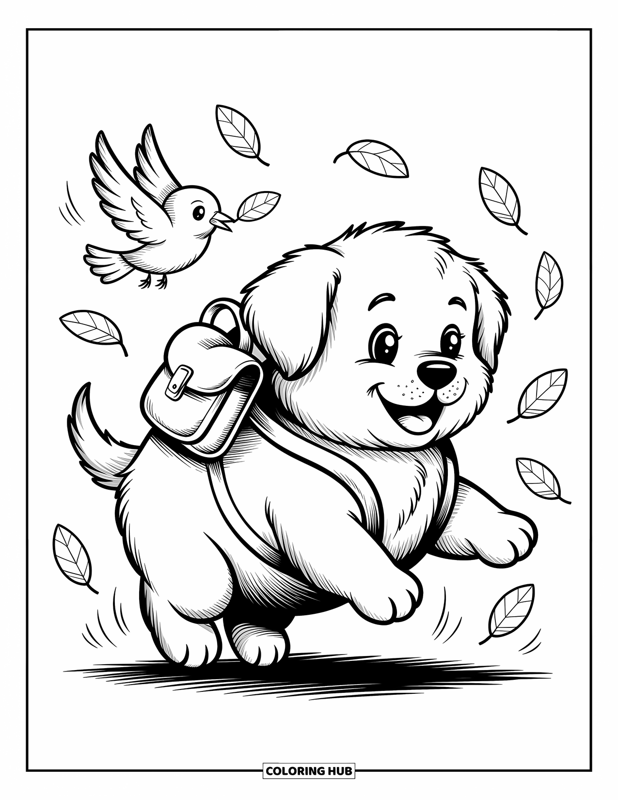 Dog Coloring Page for Adults: A happy Golden Retriever puppy with a backpack walks excitedly, surrounded by floating leaves