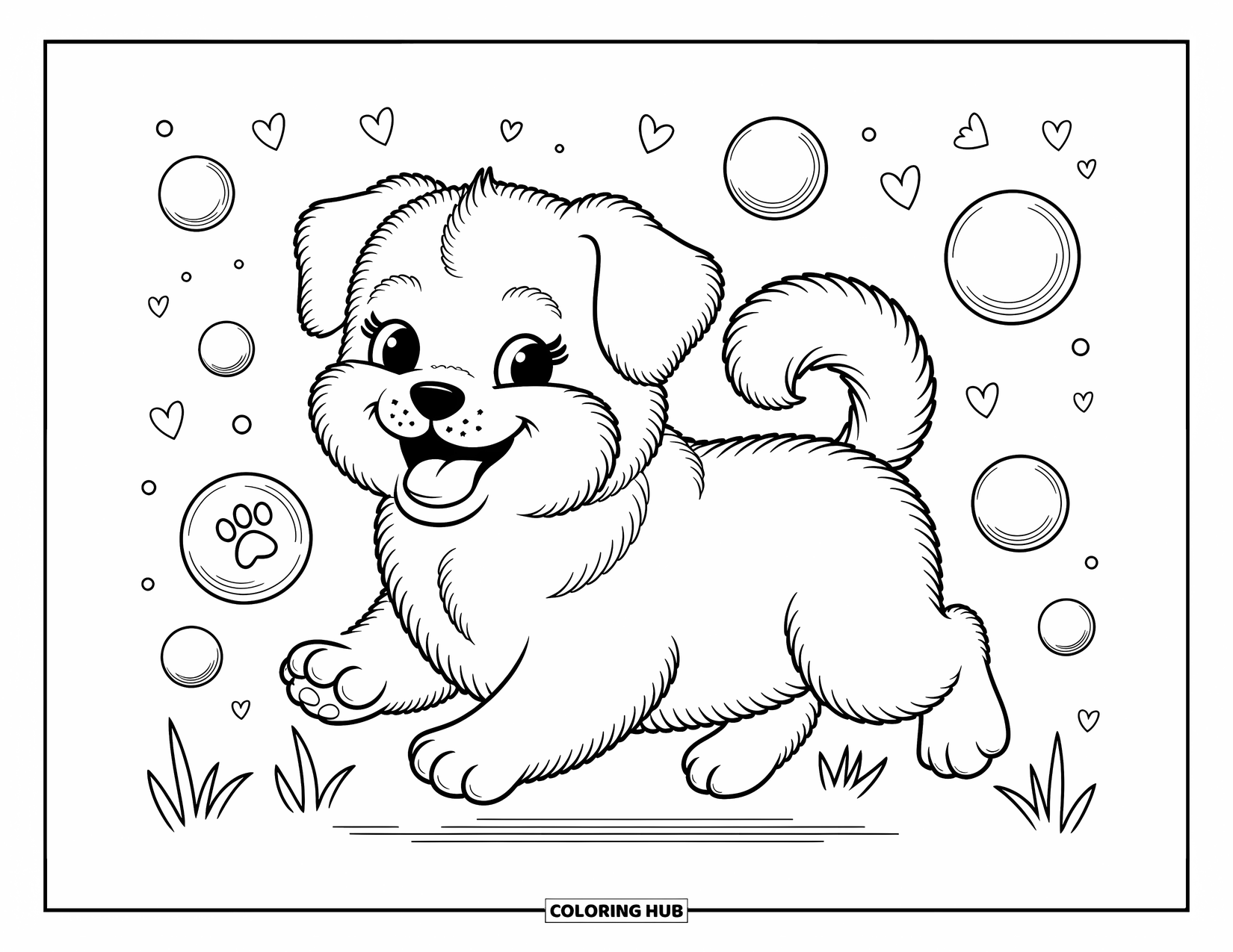 Dog Coloring Page for Adults: A happy Havanese puppy bounds through whimsical bubbles, creating a magical and cozy scene