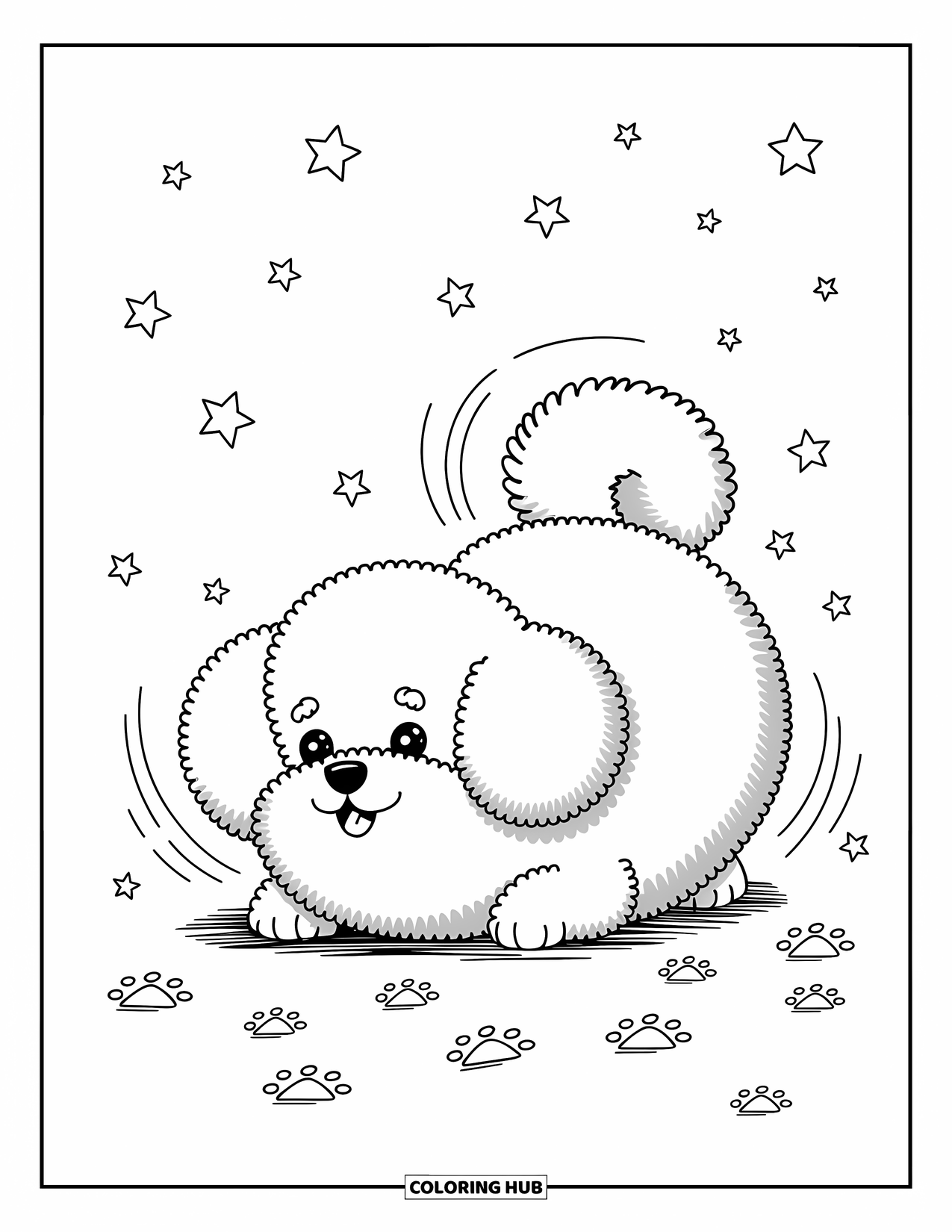 Dog Coloring Page for Adults: A happy Miniature Schnauzer sits with a tiny bowtie, playfully holding a small bell in its paws