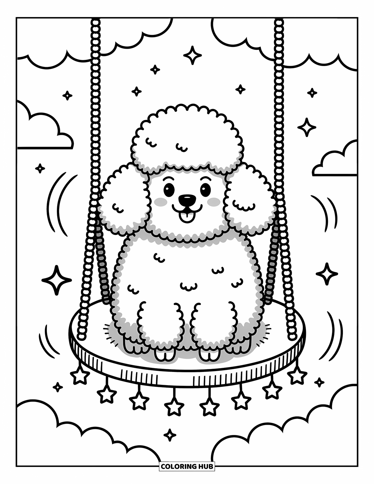 Dog Coloring Page for Adults: A happy Poodle swings on a floating cloud, tiny stars twinkling around it