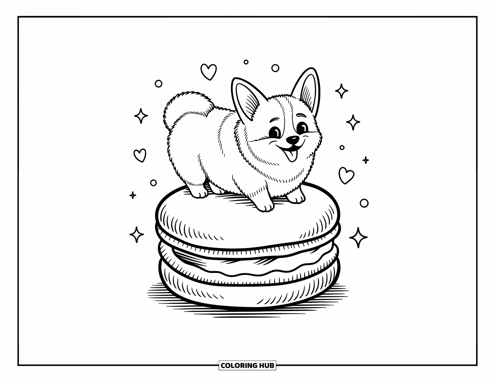 Dog Coloring Page for Adults: A joyful Corgi wobbles atop a pillowy macaron, surrounded by playful floating elements