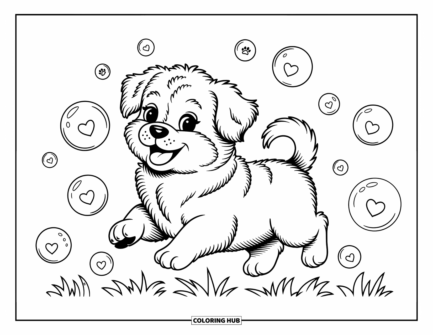 Dog Coloring Page for Adults: A joyful Havanese puppy runs through a field of floating bubbles, surrounded by tiny paw prints