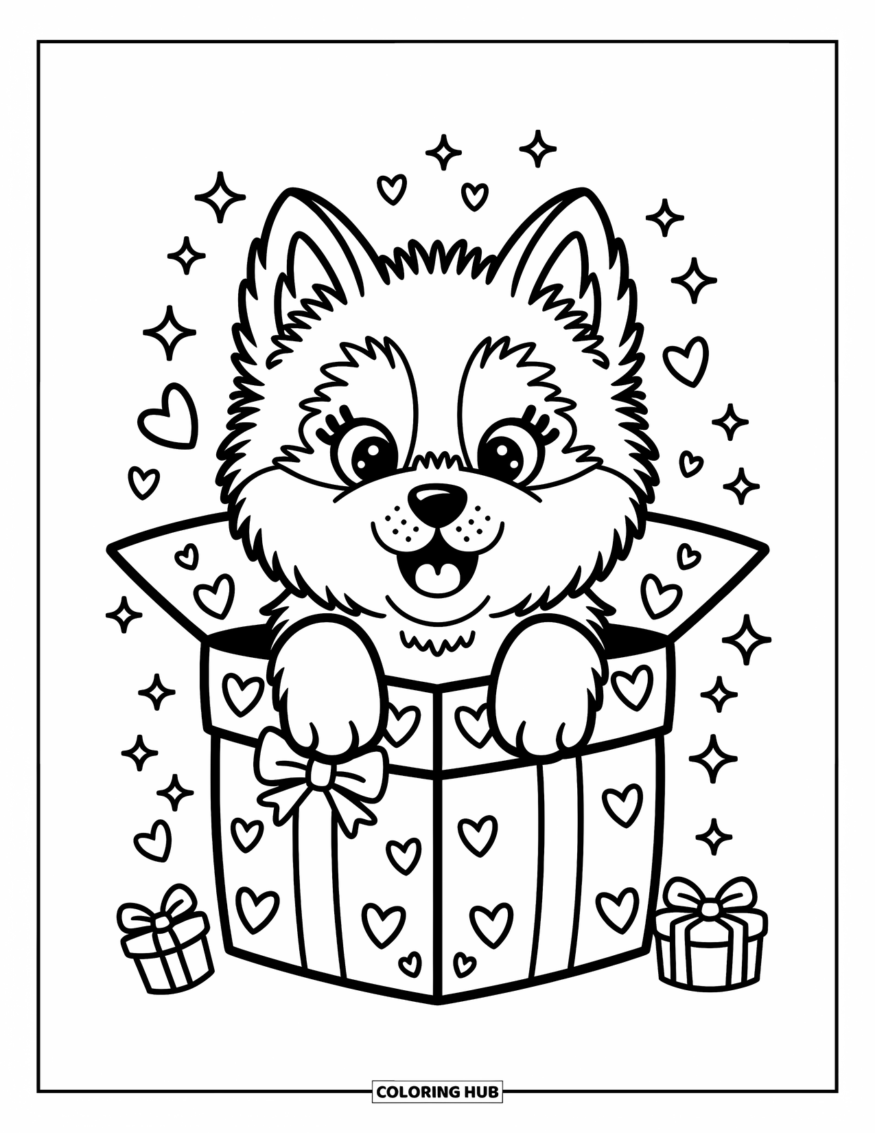 Dog Coloring Page for Adults: A joyful Husky puppy pops out of a gift box, playful bows and ribbons adorning the scene