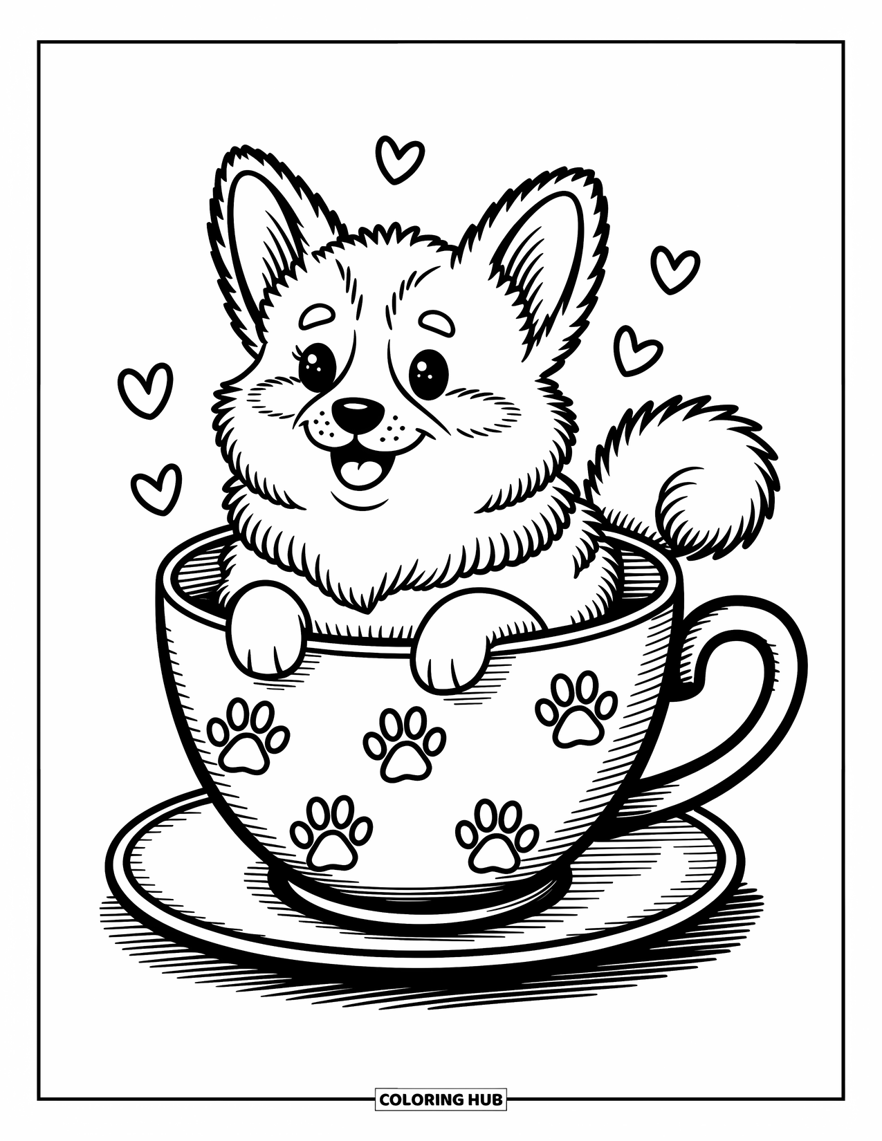 Dog Coloring Page for Adults: A joyful Shiba Inu playfully holds a fish balloon, surrounded by floating bubbles and tiny waves