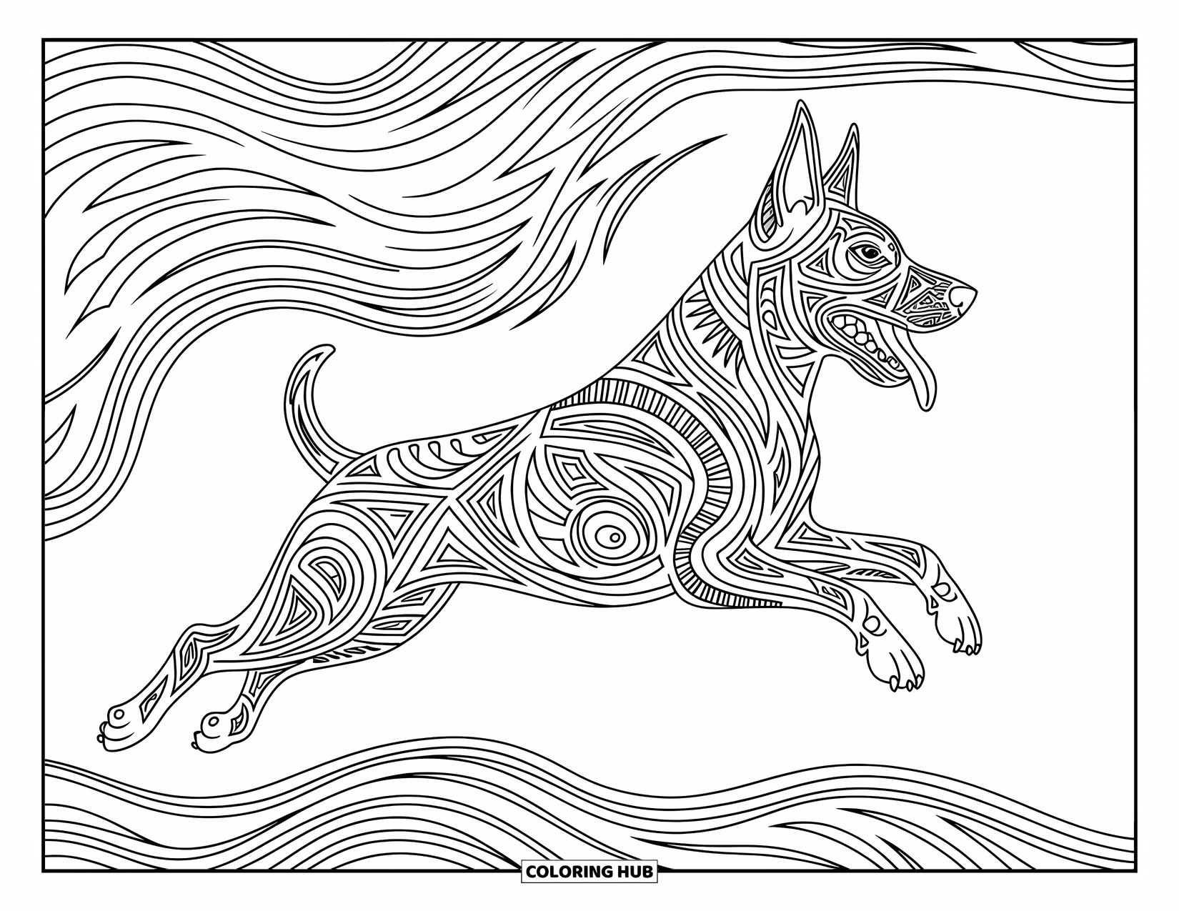 Dog Coloring Page for Adults: A leaping Belgian Malinois is framed by swirling wind patterns and detailed geometric motifs