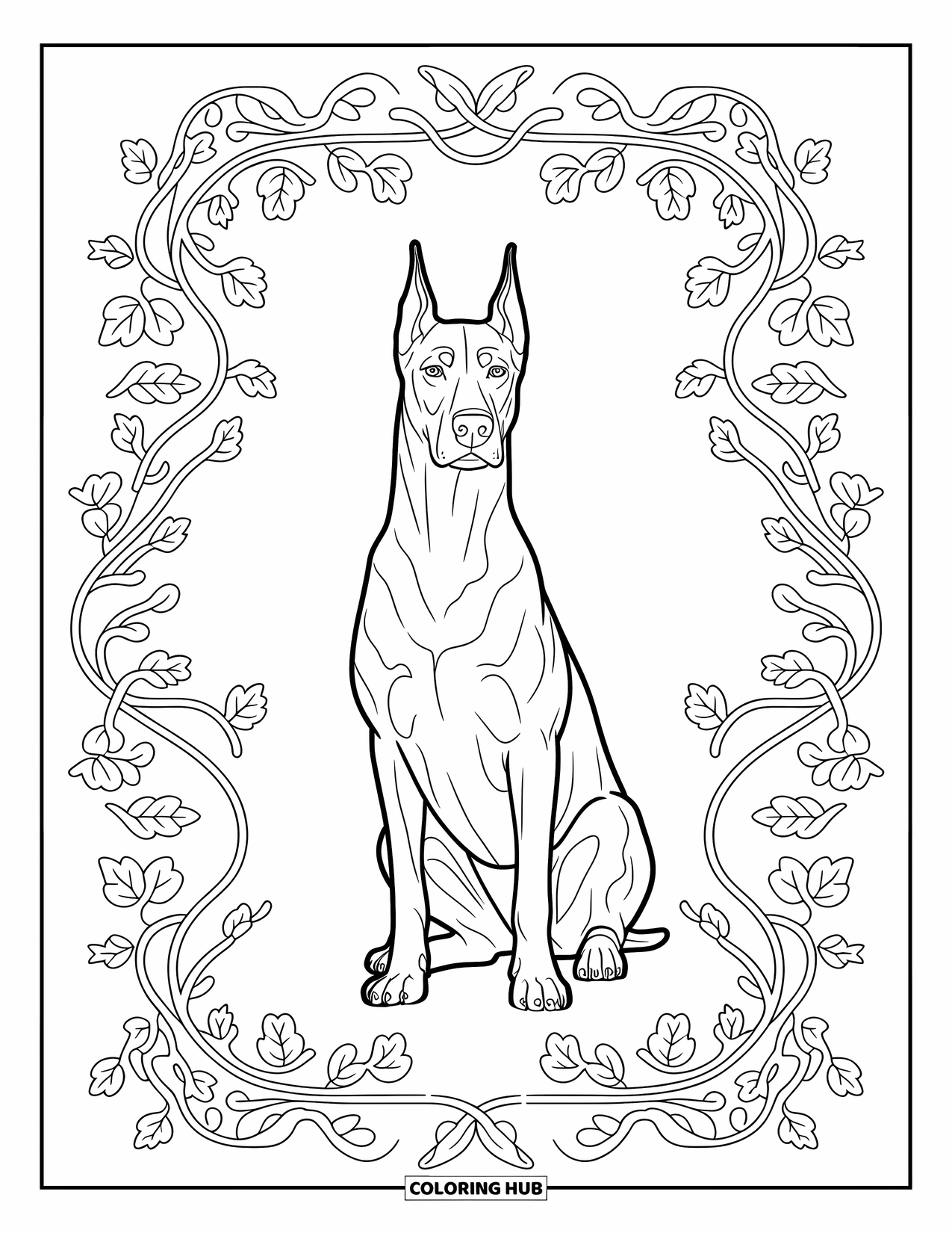 Dog Coloring Page for Adults: A majestic Doberman sits confidently within an elegant border of intertwining floral patterns