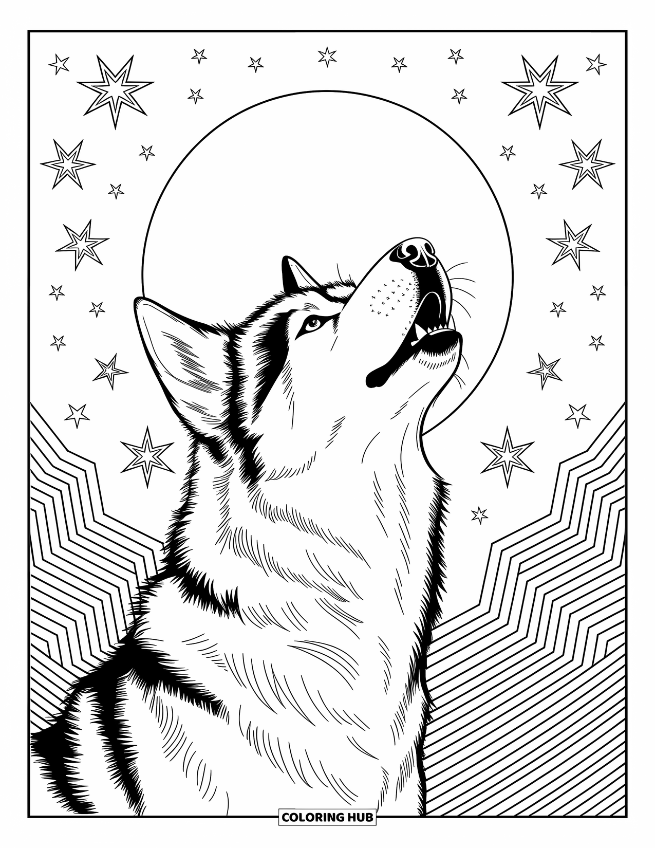 Dog Coloring Page for Adults: A majestic Husky lifts its head to the sky, framed by intricate cosmic motifs