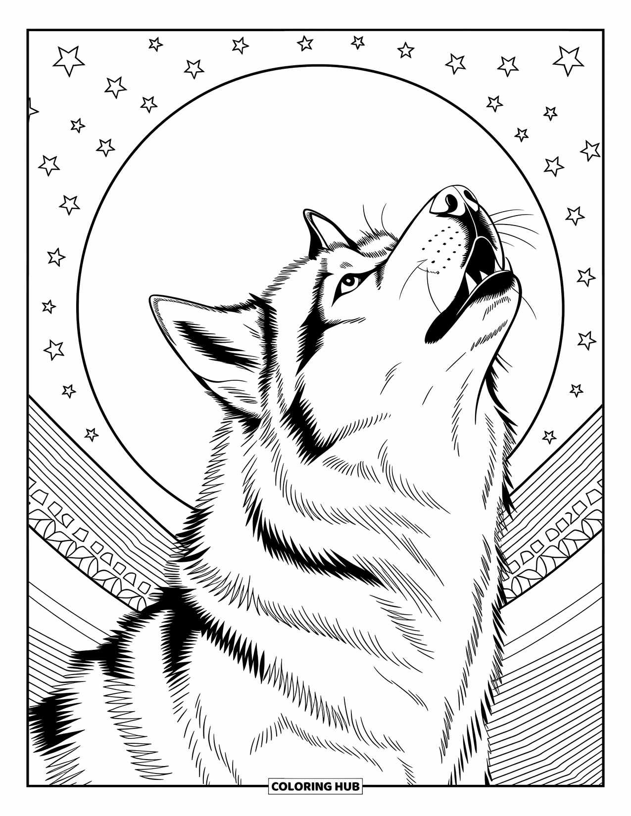 Dog Coloring Page for Adults: A majestic Husky lifts its head to the sky, surrounded by intricate cosmic patterns