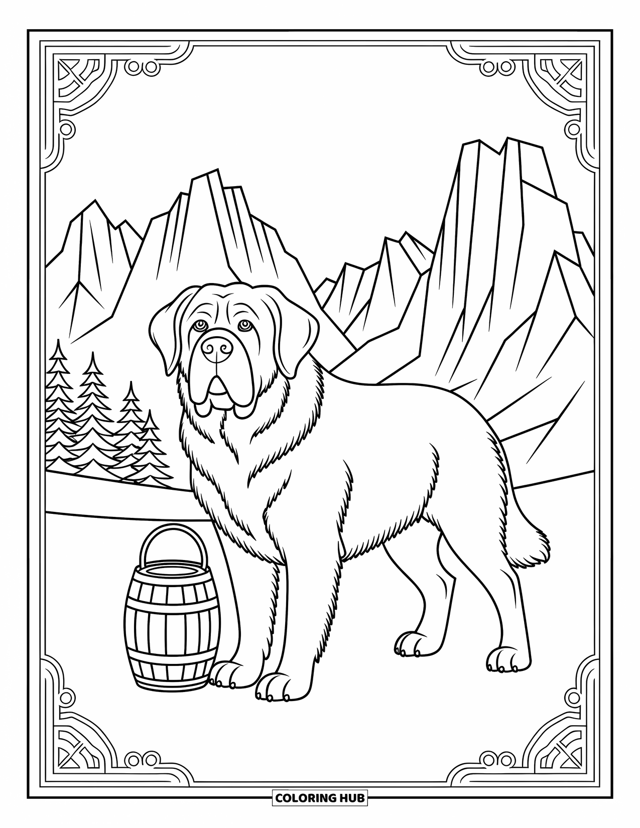 Dog Coloring Page for Adults: A majestic Saint Bernard stands tall in a mountainous landscape with intricate decorative details