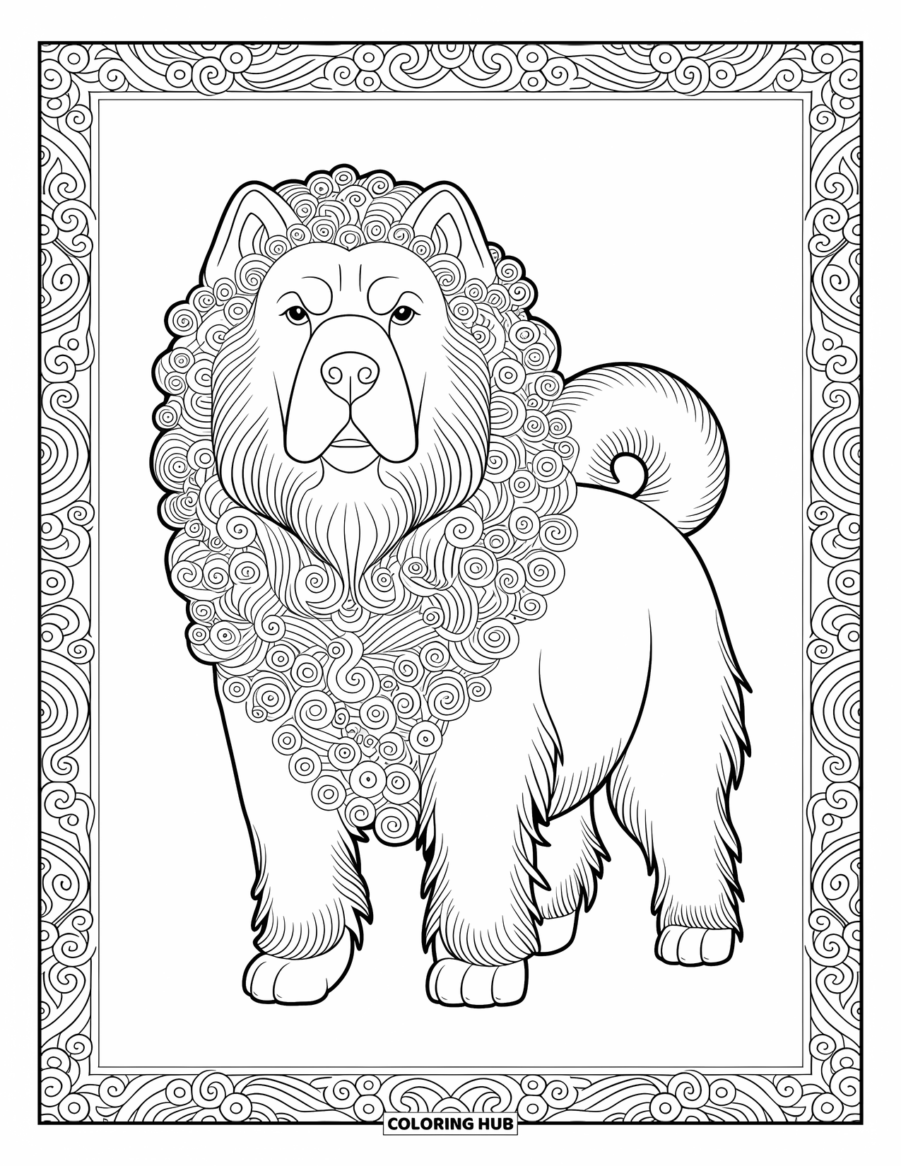 Dog Coloring Page for Adults: A majestic Tibetan Mastiff is framed by intricate cloud motifs and ornamental linework