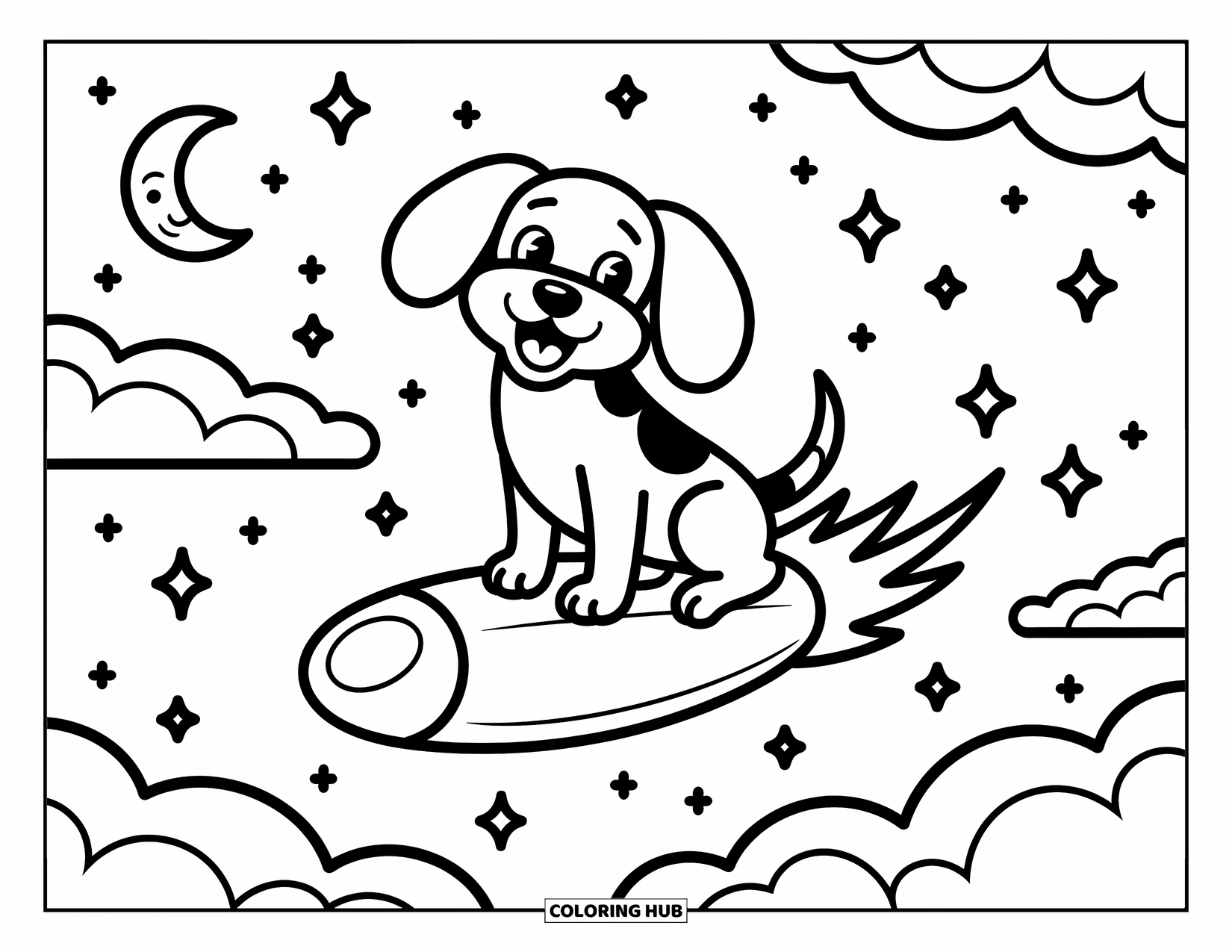 Dog Coloring Page for Adults: A playful Beagle rides a shooting star through fluffy clouds and a glowing crescent moon