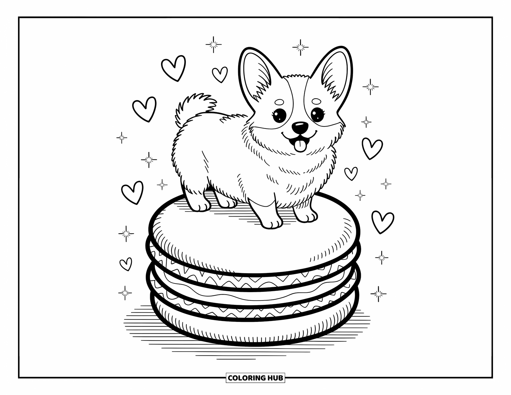 Dog Coloring Page for Adults: A playful Corgi perches on a giant macaron, its ears perked with excitement