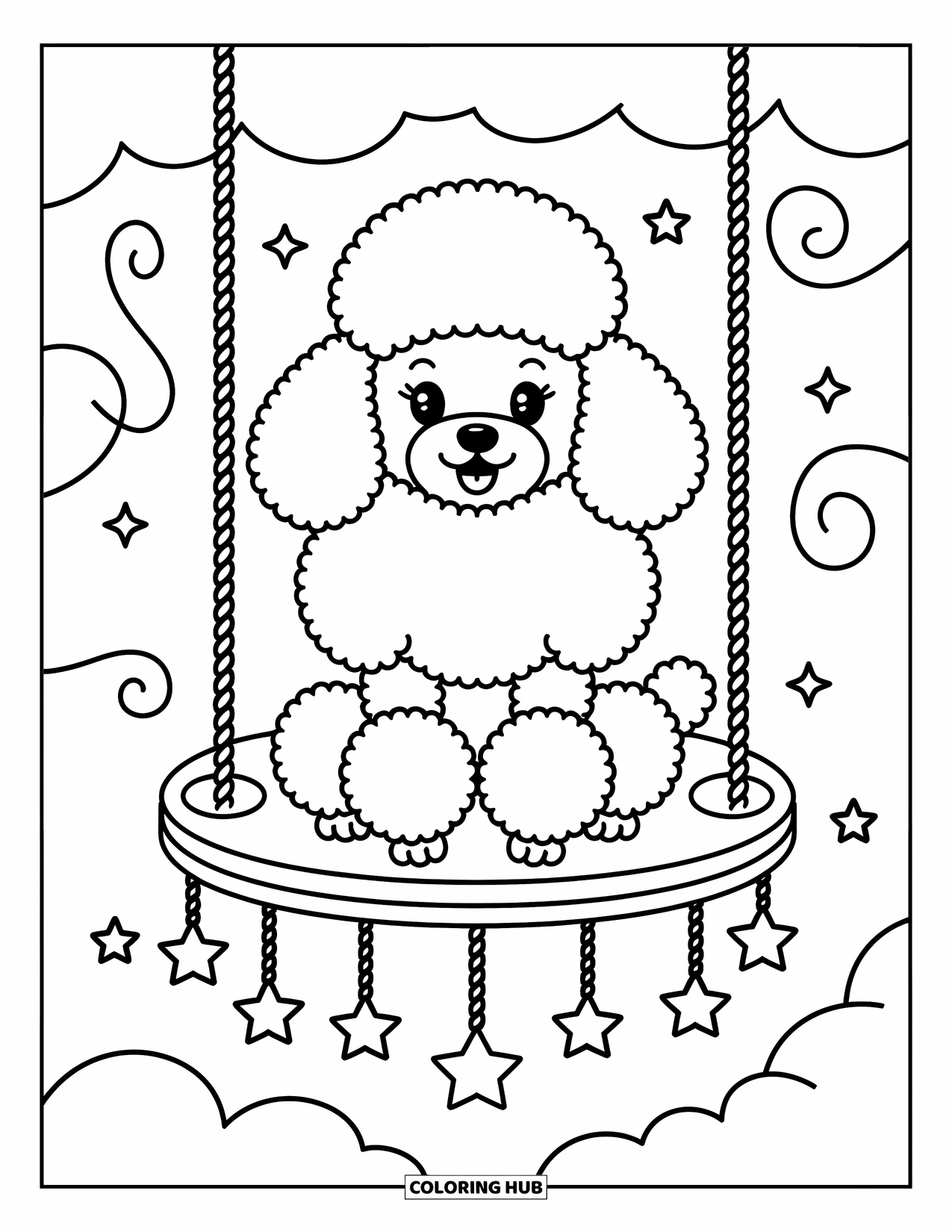 Dog Coloring Page for Adults: A playful Golden Retriever puppy carries a tiny backpack, accompanied by a bird holding a leaf