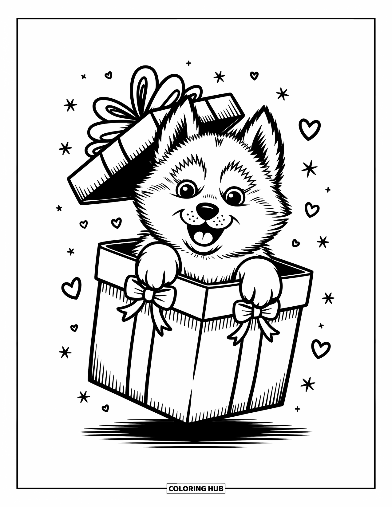 Dog Coloring Page for Adults: A playful Husky puppy peeks from a floating gift box, sparkles and bows adding a magical touch