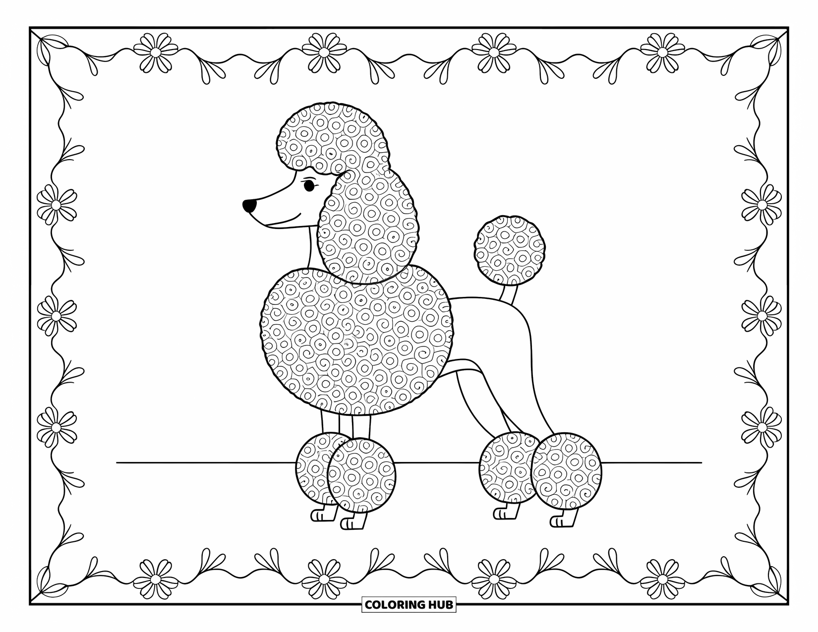 Dog Coloring Page for Adults: A poodle with an elaborate swirling coat is framed by delicate floral and ornamental details