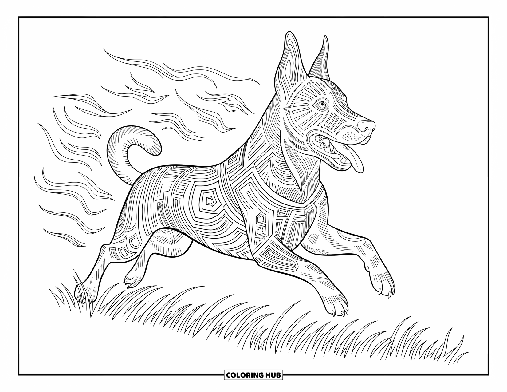 Dog Coloring Page for Adults: A powerful Belgian Malinois leaps forward, surrounded by swirling wind and elaborate patterns