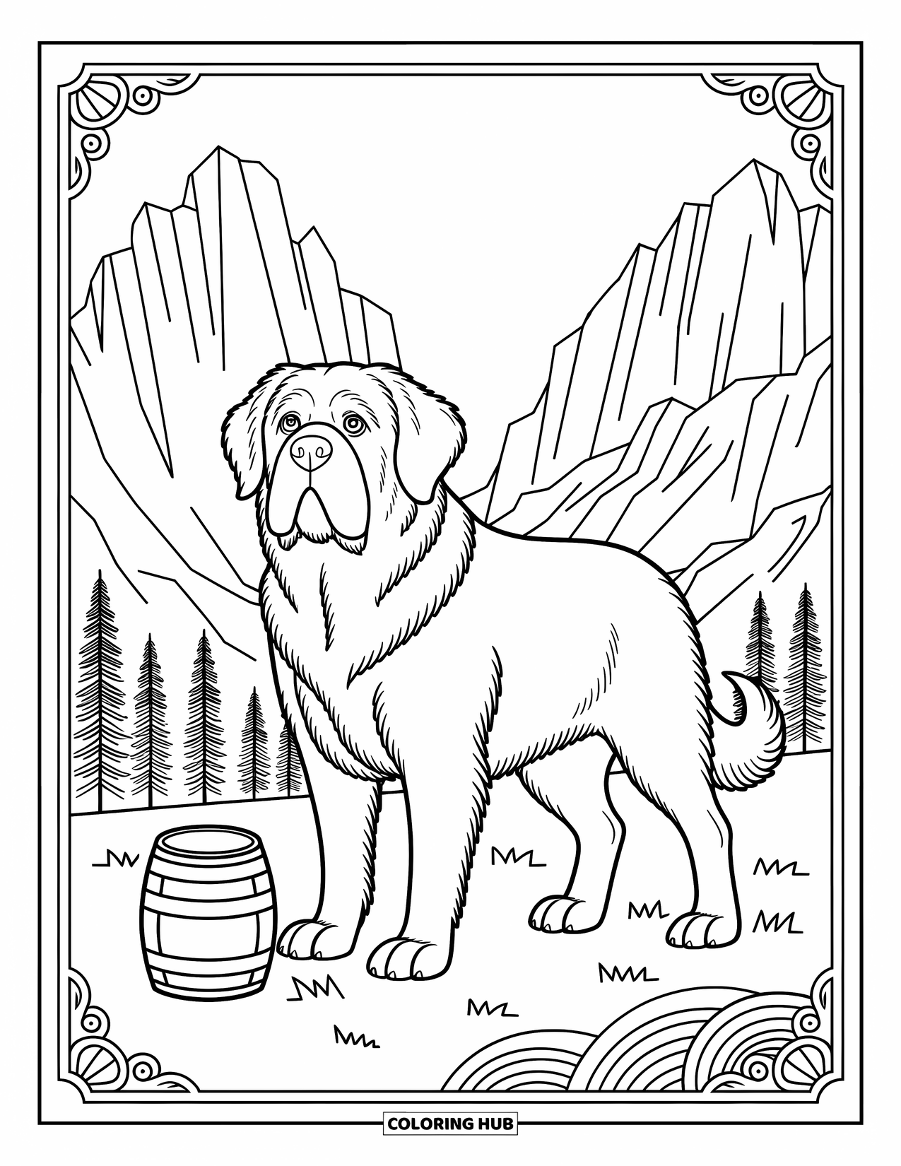 Dog Coloring Page for Adults: A proud Saint Bernard with a rescue barrel stands against a scenic mountain backdrop