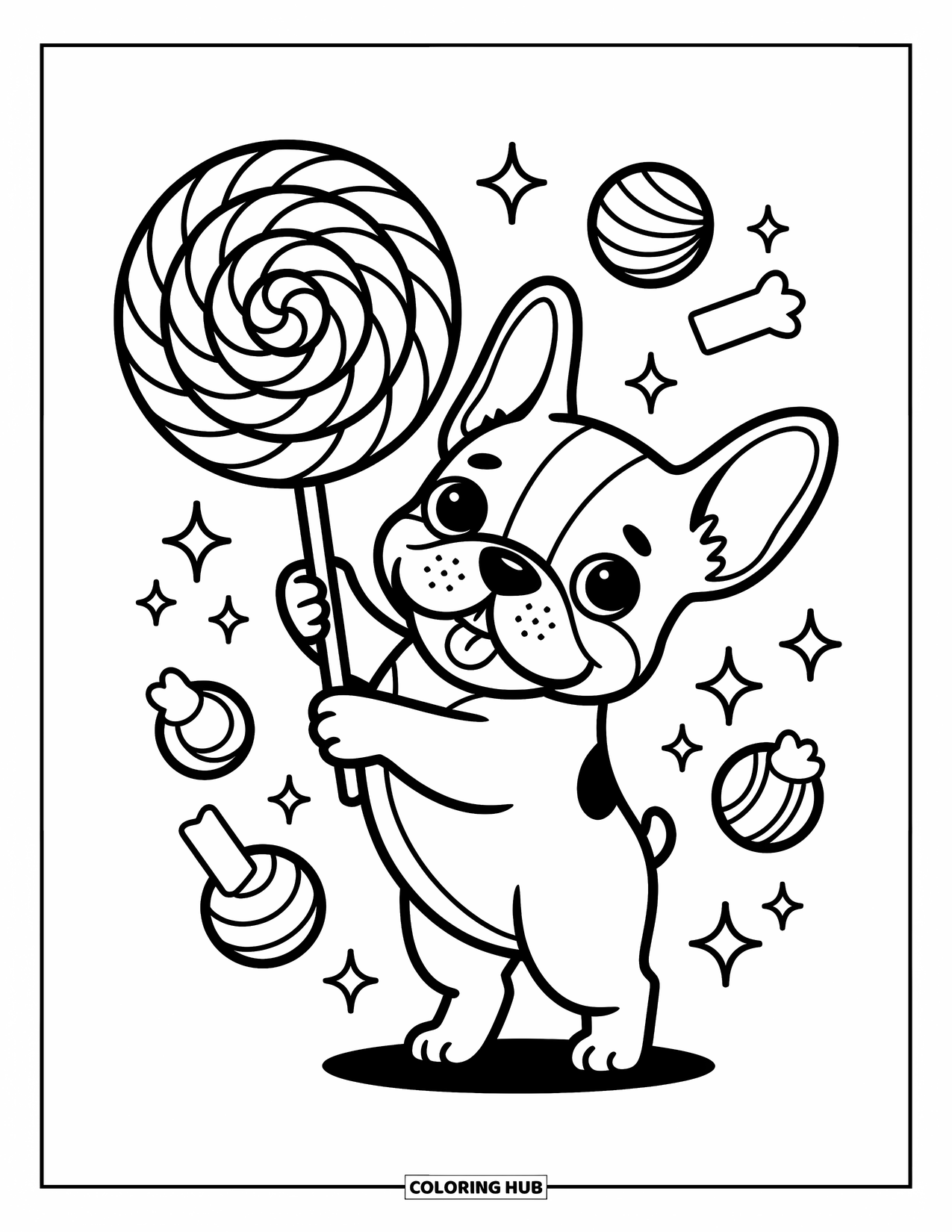 Dog Coloring Page for Adults: A puffy Bichon Frise rolls joyfully, surrounded by stars and tiny whimsical paw prints