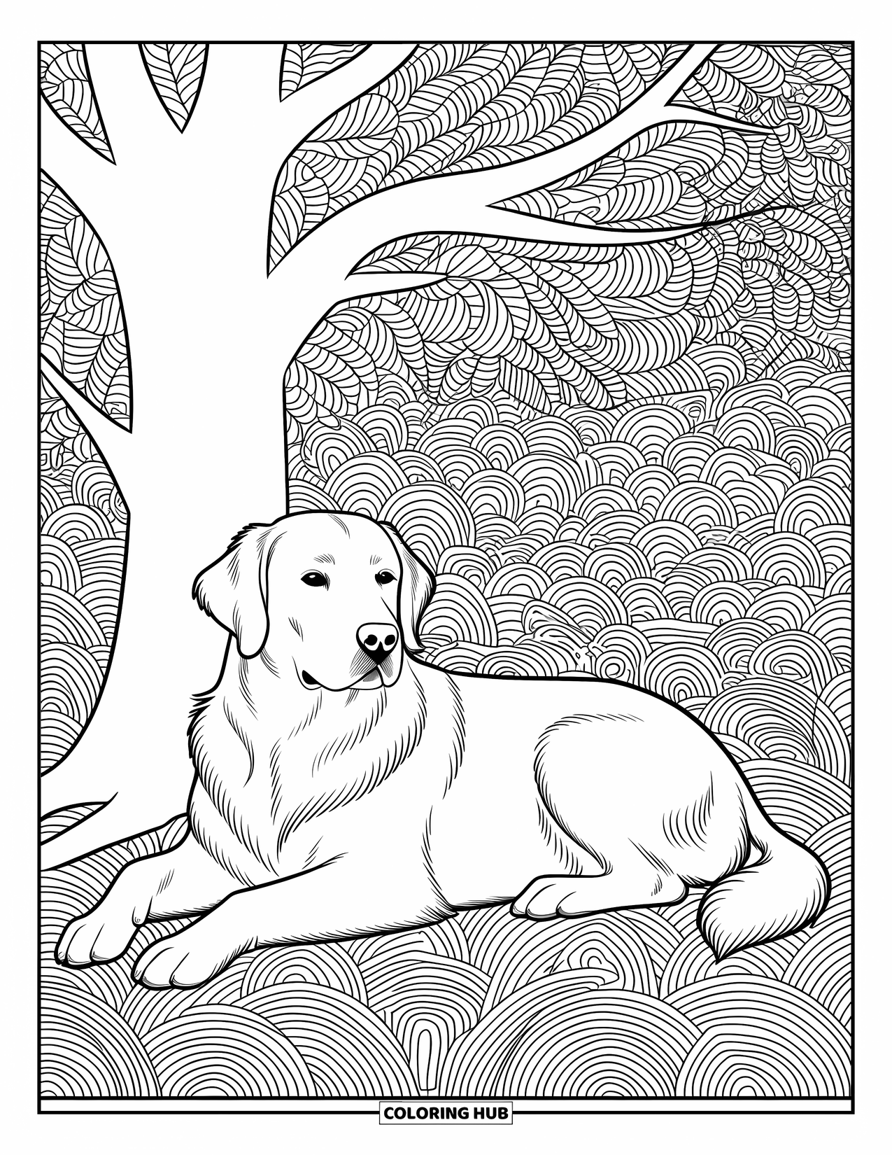 Dog Coloring Page for Adults: A relaxed Golden Retriever rests beneath a tree, surrounded by curling leaves and artistic designs