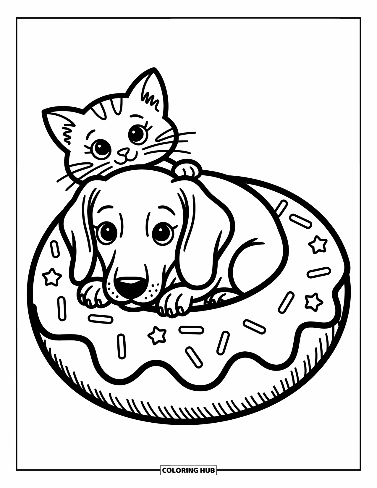 Dog Coloring Page for Adults: A round Poodle sits contently on a cloud swing, enjoying the dreamy, whimsical sky