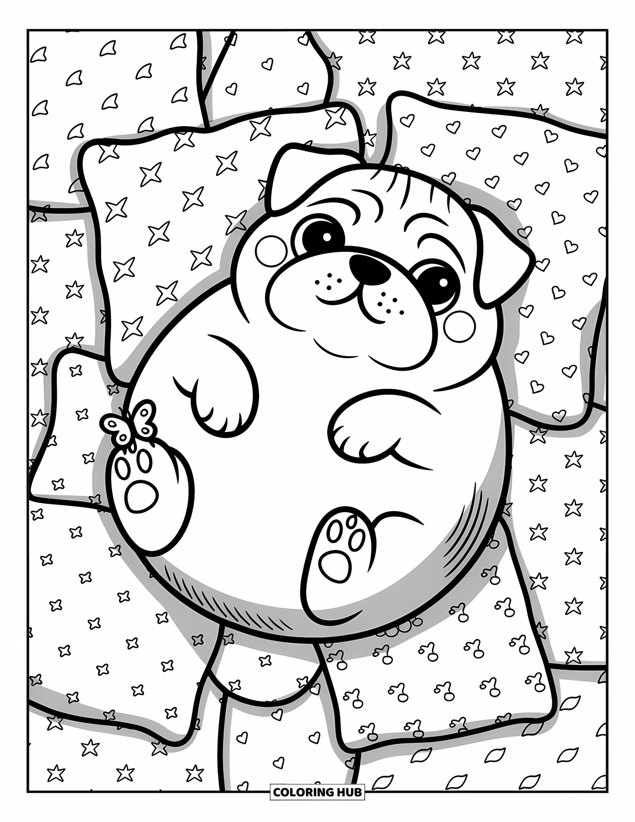 Dog Coloring Page for Adults: A round Pug lies on its back, snuggled in soft pillows decorated with tiny stars and bones