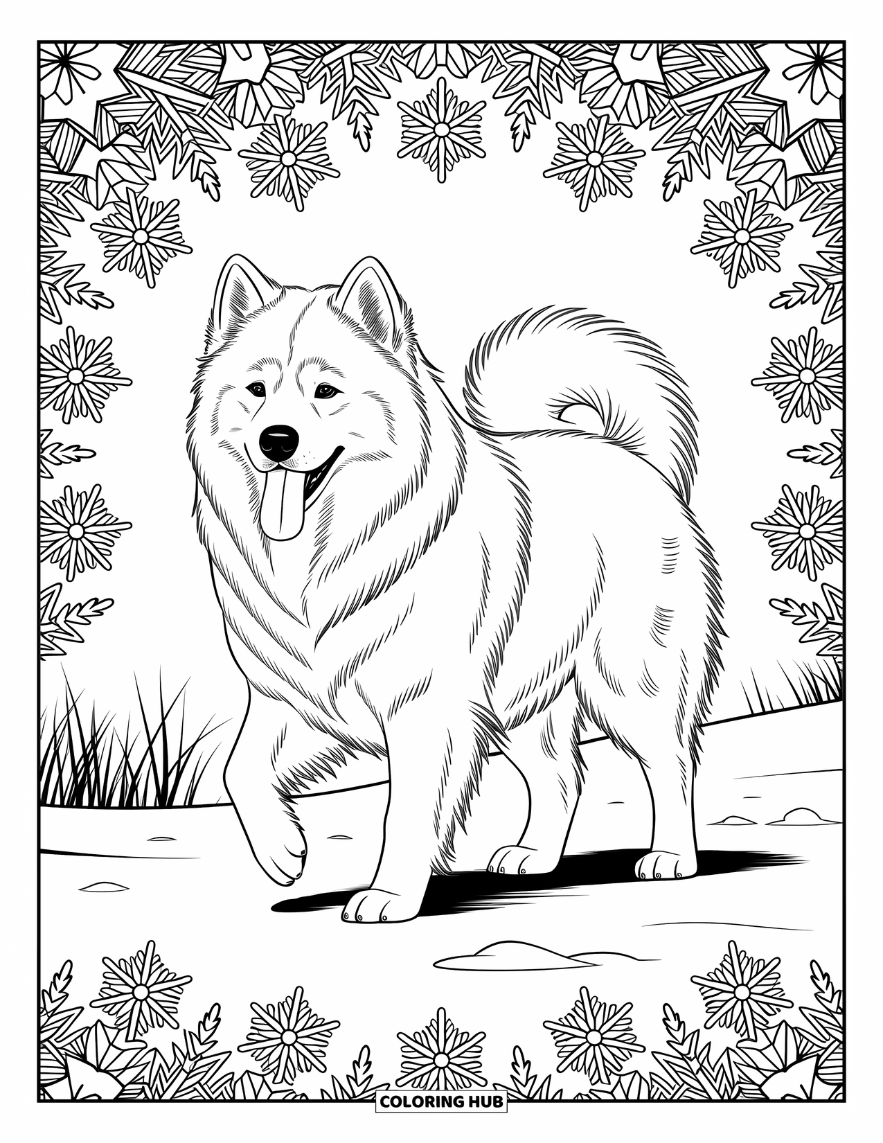 Dog Coloring Page for Adults: A Samoyed walks through a winter scene, surrounded by delicate, swirling snowflake mandalas