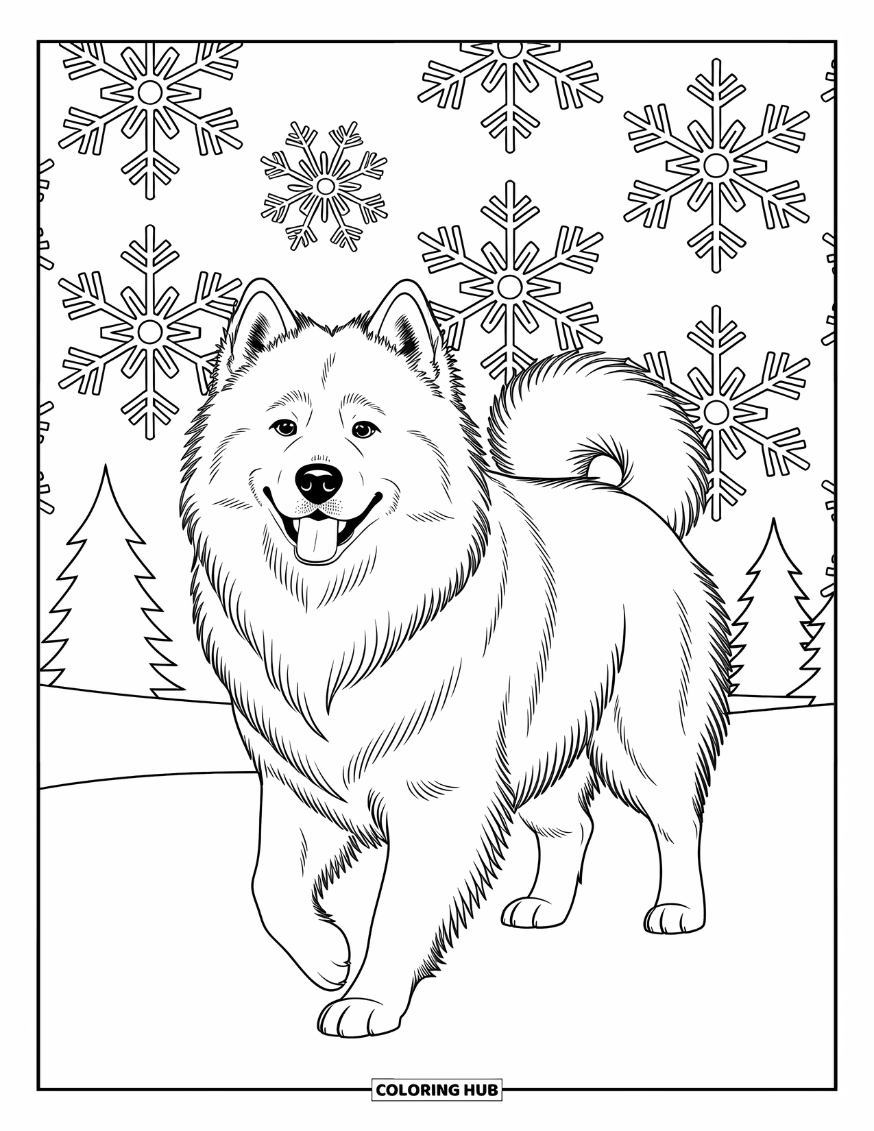 Dog Coloring Page for Adults: A Samoyed walks through an intricate snowy landscape, surrounded by mesmerizing mandala-like designs