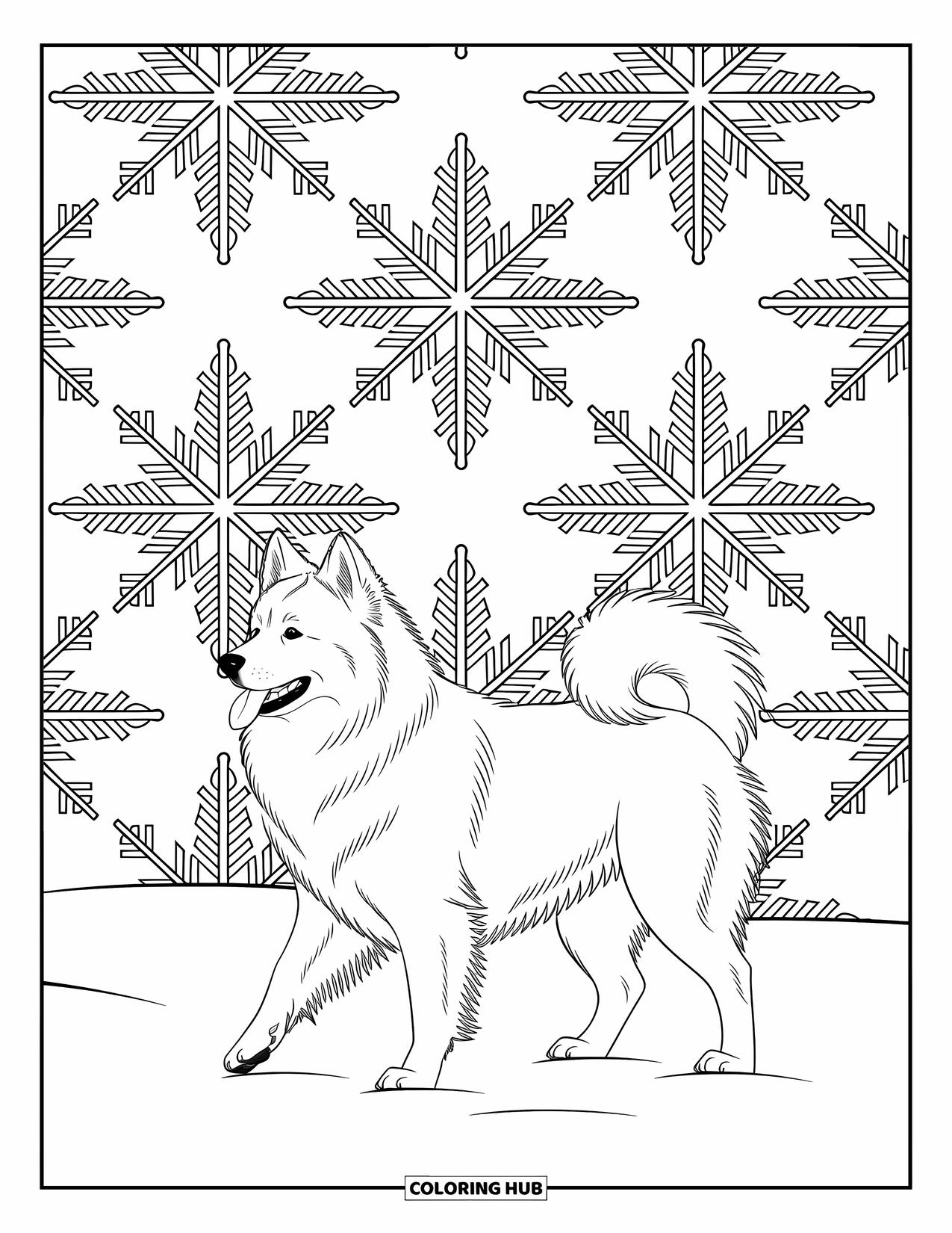 Dog Coloring Page for Adults: A serene Samoyed strolls through a winter wonderland, framed by elegant snowflake patterns