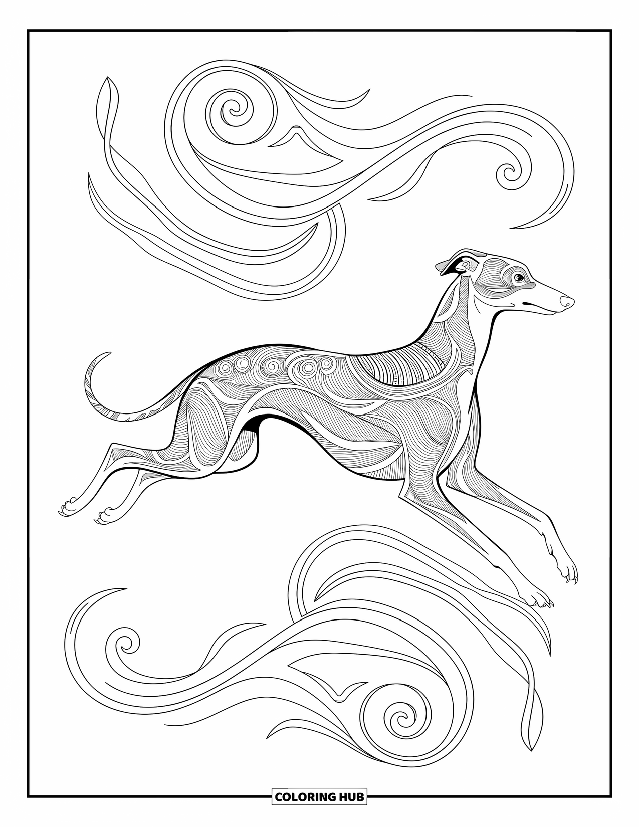Dog Coloring Page for Adults: A Siberian Husky gazes upward, its silhouette outlined against an ornate celestial design