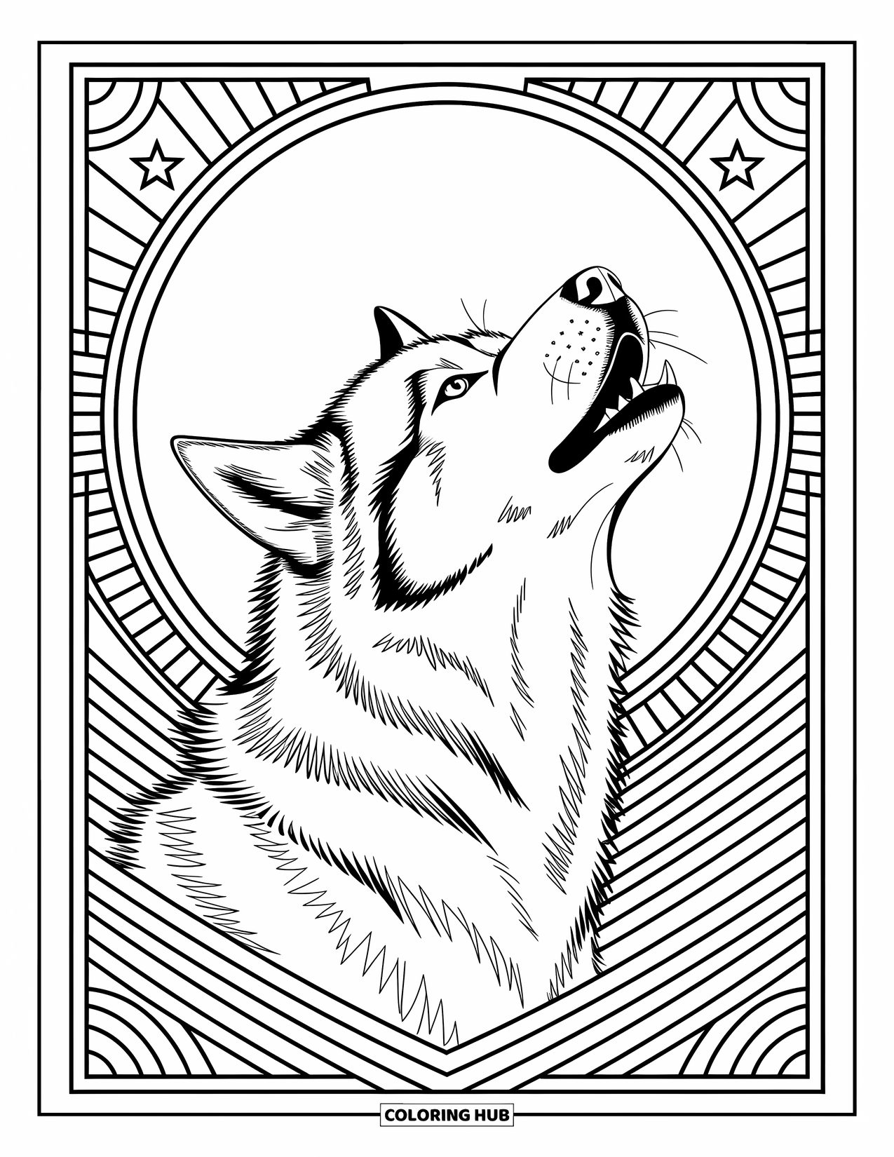 Dog Coloring Page for Adults: A Siberian Husky howls at the moon, surrounded by celestial patterns and geometric designs