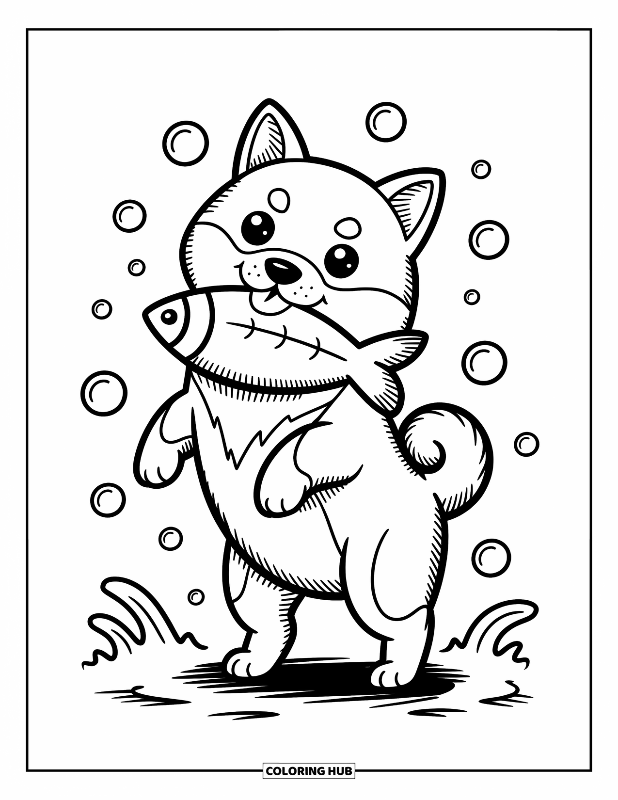 Dog Coloring Page for Adults: A sleepy Dachshund rests inside a doughnut bed, surrounded by tiny star sprinkles