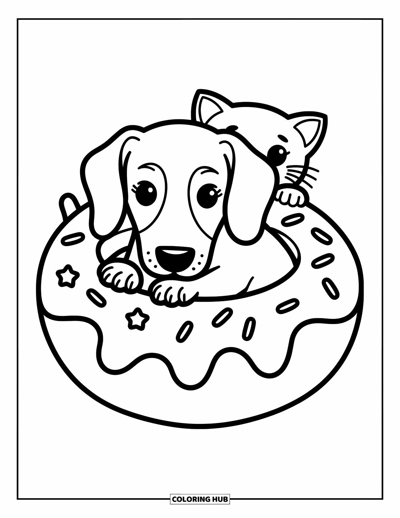 Dog Coloring Page for Adults: A sleepy Dachshund snuggles inside a doughnut, while a playful kitten peeks from behind
