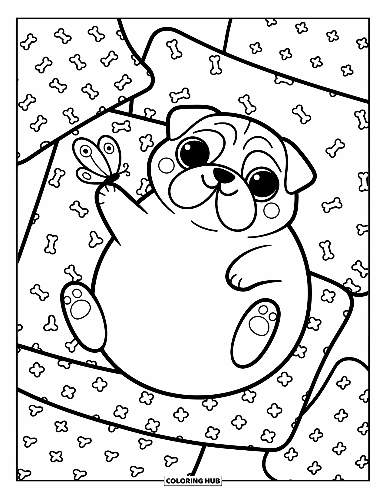 Dog Coloring Page for Adults: A sleepy Pug rests on fluffy pillows, a tiny butterfly perched gently on its paw