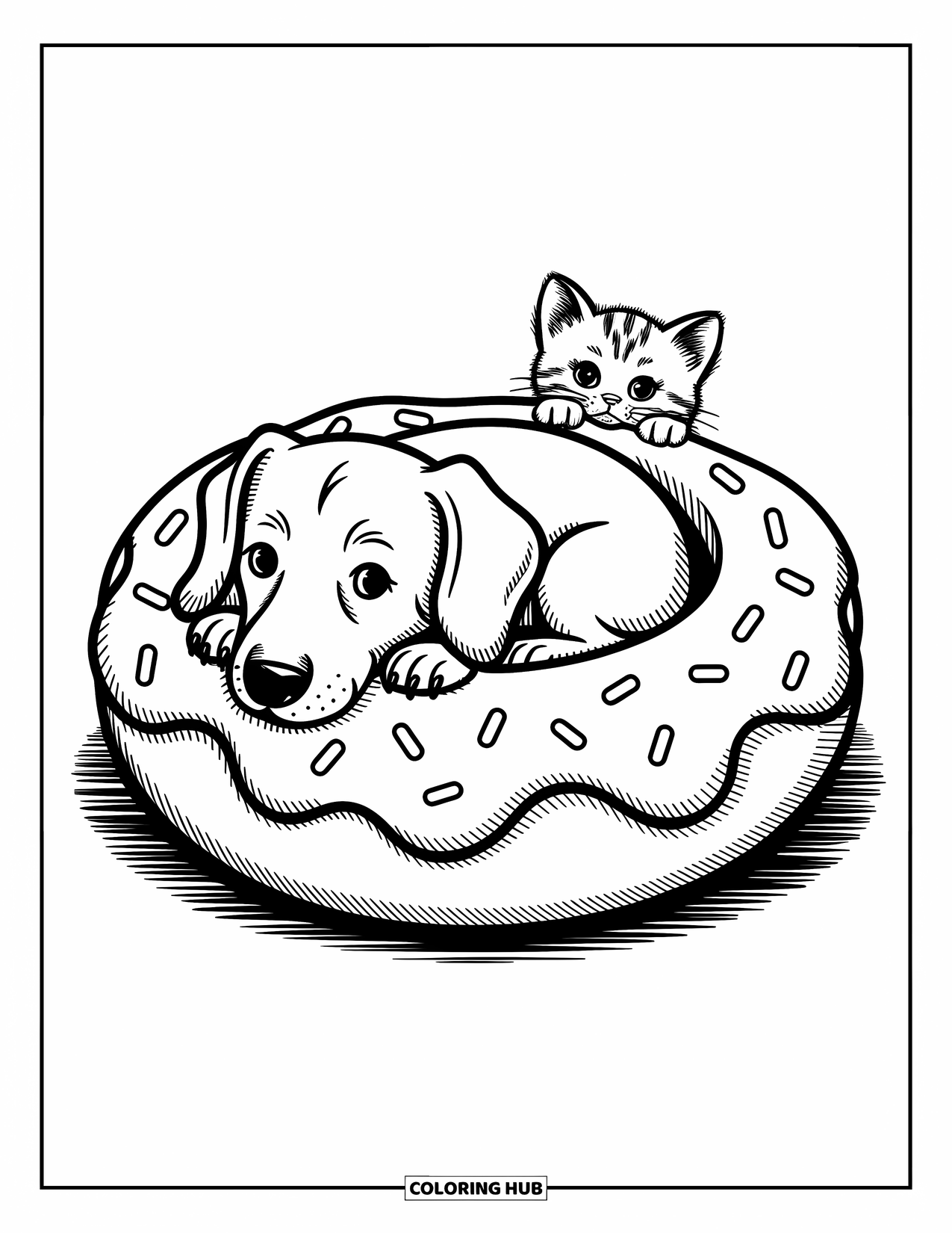 Dog Coloring Page for Adults: A small Dachshund curls up inside a giant doughnut bed, a kitten peeking playfully from behind