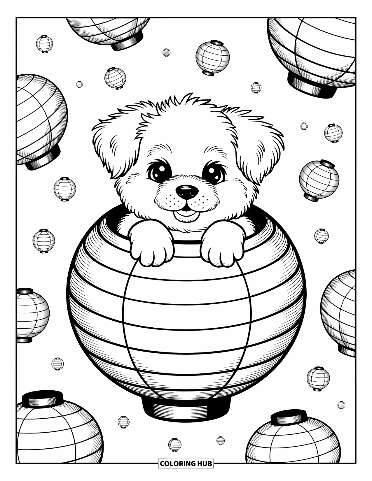 Dog Coloring Page for Adults: A tiny Coton de Tulear puppy peeks from a floating lantern, surrounded by whimsical glowing lights