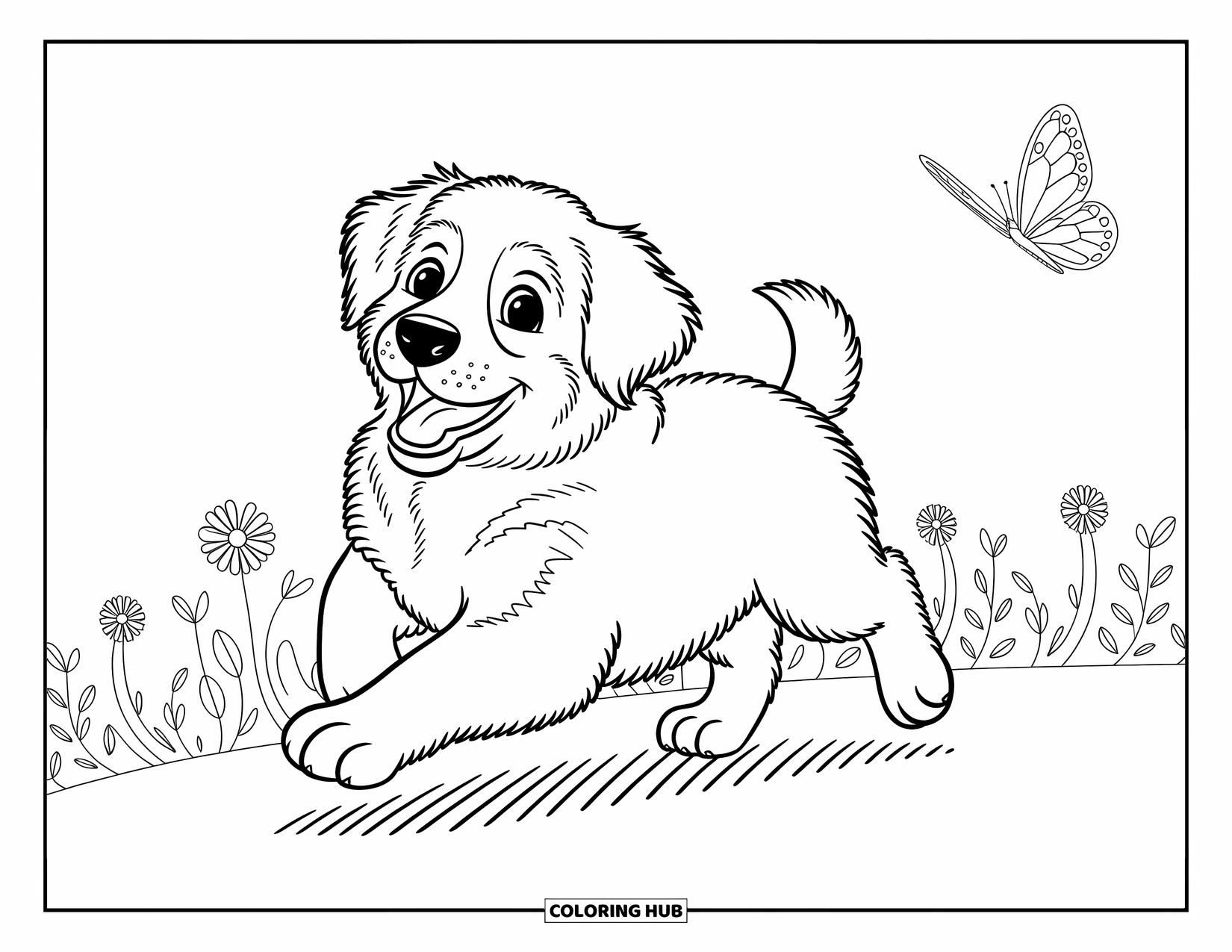 Dog Coloring Page for Kids: A Bernese Mountain Dog puppy jumps joyfully, following a butterfly's delicate flight