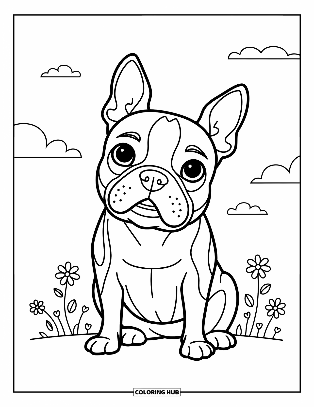 Dog Coloring Page for Kids: A Boston Terrier sits with a tilted head, surrounded by tiny flowers and playful clouds