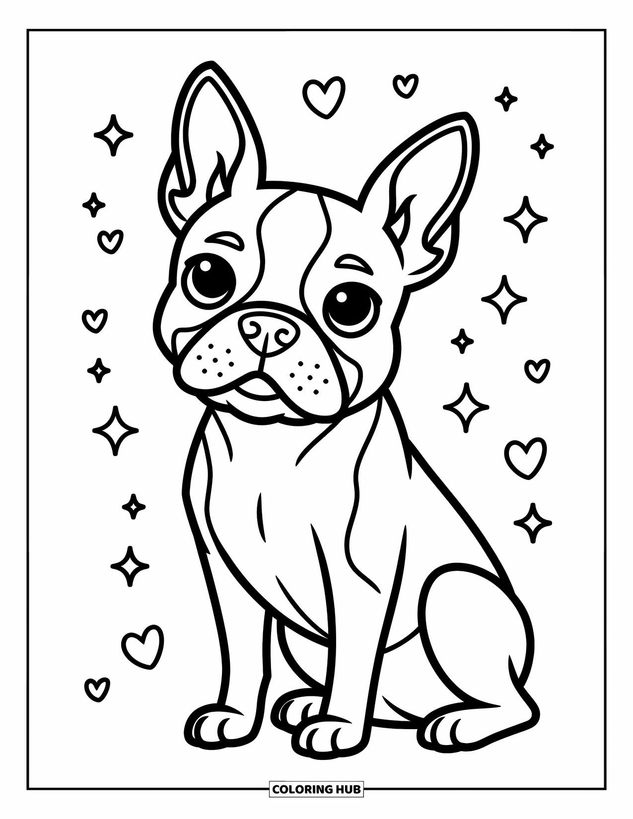 Dog Coloring Page for Kids: A Boston Terrier sits with bright eyes and a tilted head, surrounded by tiny hearts and stars