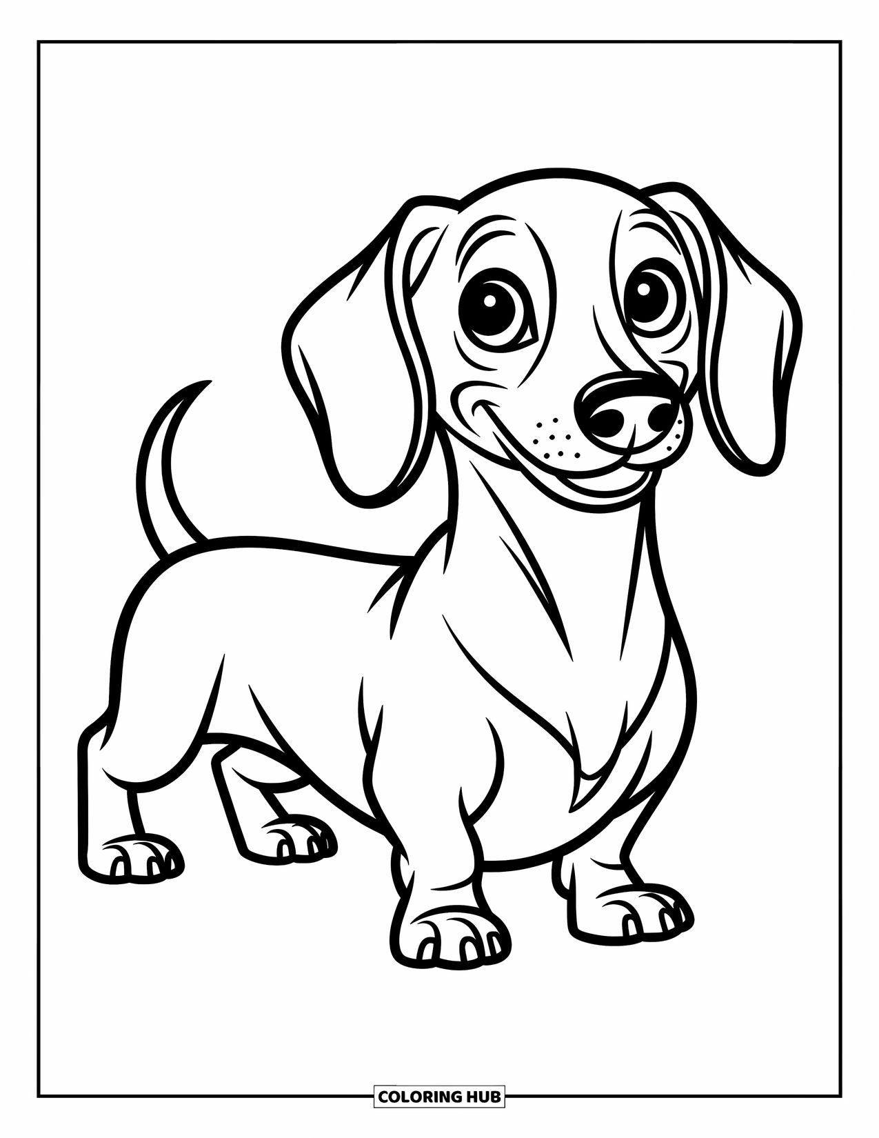 Dog Coloring Page for Kids: A charming Dachshund stands proudly, its expressive eyes capturing attention
