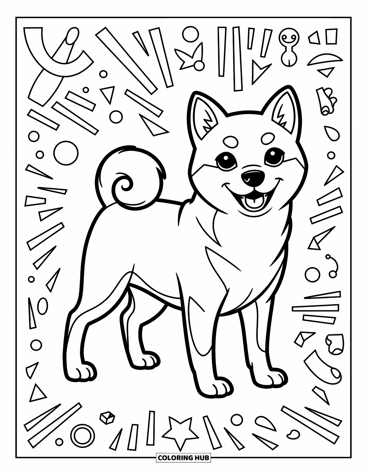 Dog Coloring Page for Kids: A charming Shiba Inu stands proudly, its tail curled high, surrounded by playful geometric patterns