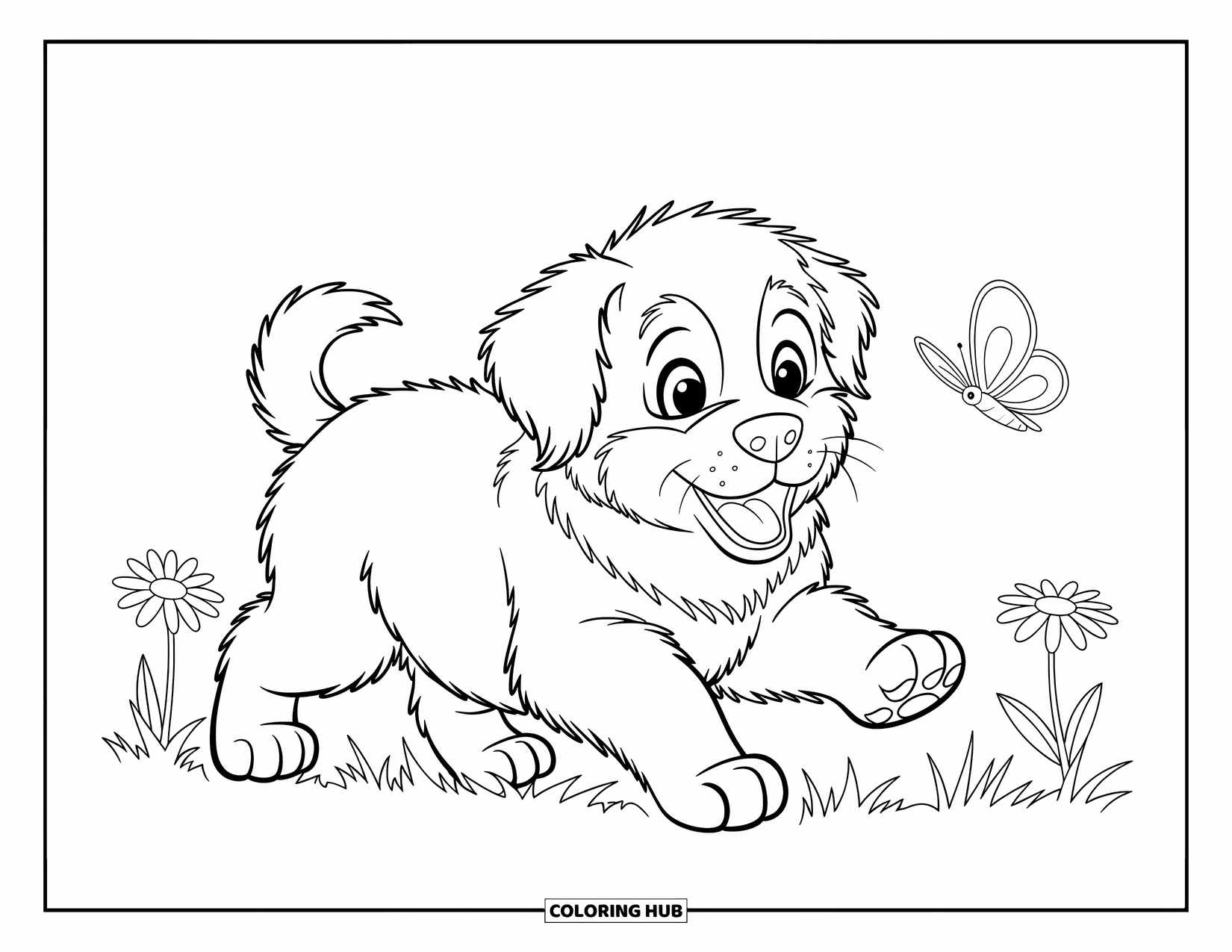 Dog Coloring Page for Kids: A cheerful Bernese Mountain Dog puppy bounds through a meadow, chasing a tiny butterfly
