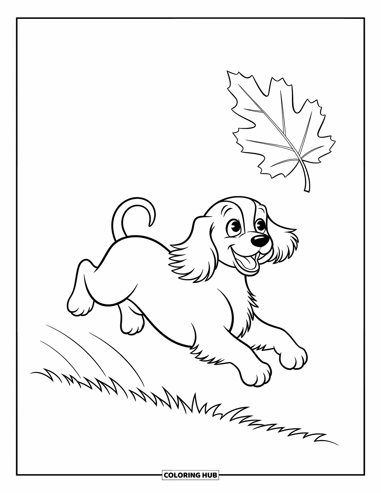 Dog Coloring Page for Kids: A cheerful Cocker Spaniel puppy bounces up, eager to catch a drifting leaf