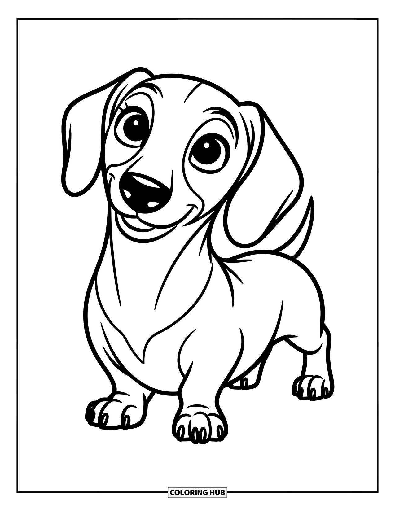 Dog Coloring Page for Kids: A cheerful Dachshund gazes ahead, its playful stance full of curiosity